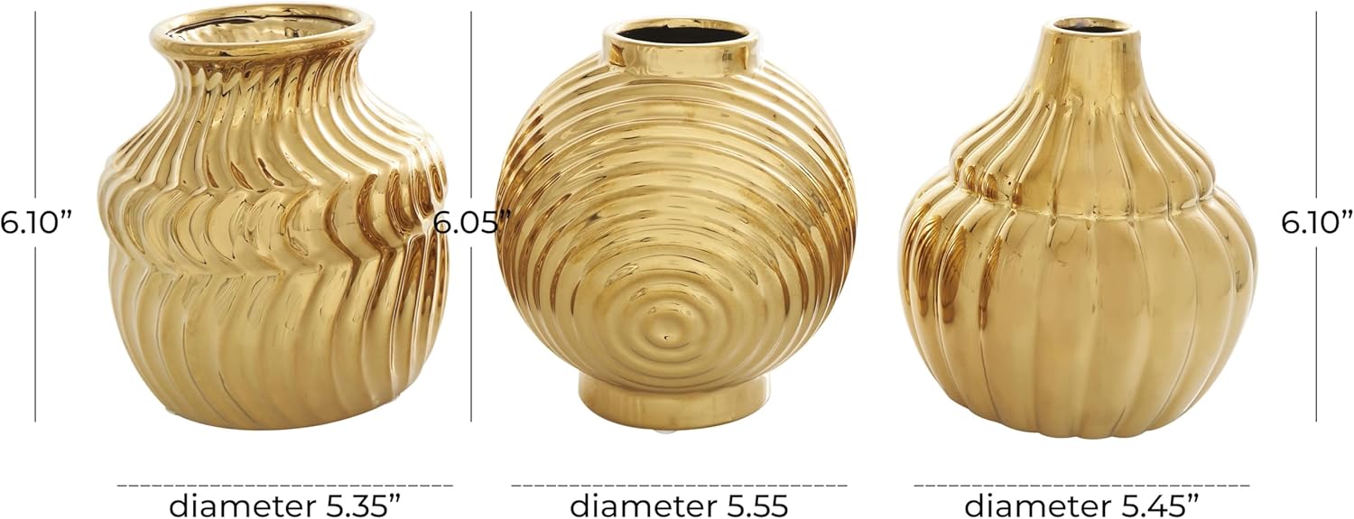 Deco 79 Ceramic Abstract Decorative Vase Small Textured Centerpiece Vases with Varying Shapes and Patterns, Set of 3 Flower Vases for Home Decoration 5" W, 6" H, Gold