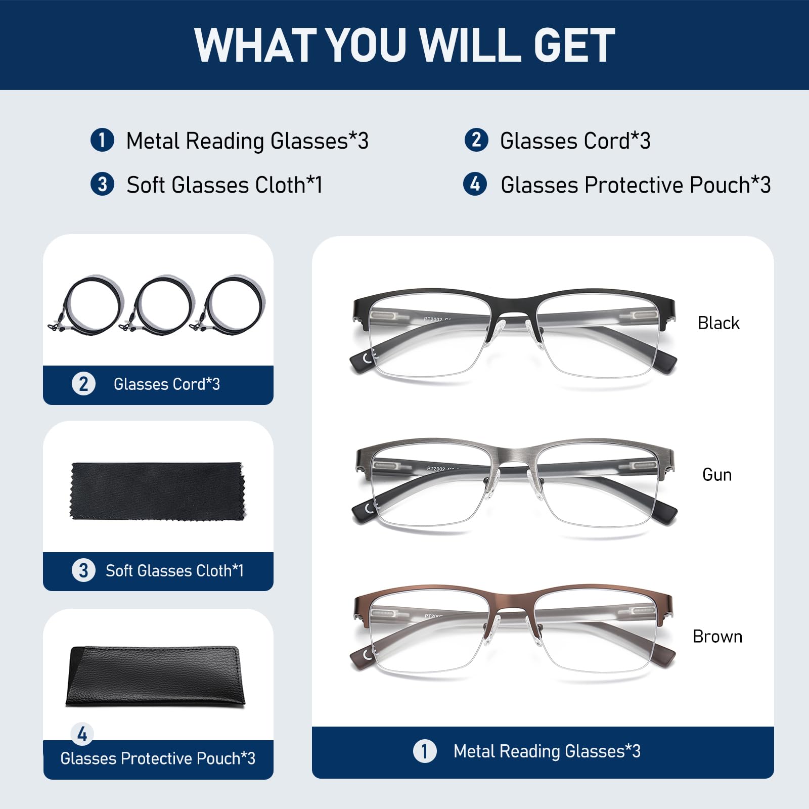 Paquete de 3 gafas de lectura extragrandes con bloqueo de luz azul para ordenador, montura rectangular de metal, lentes antirreflectantes, diseño ancho con bisagra de resorte, PT20