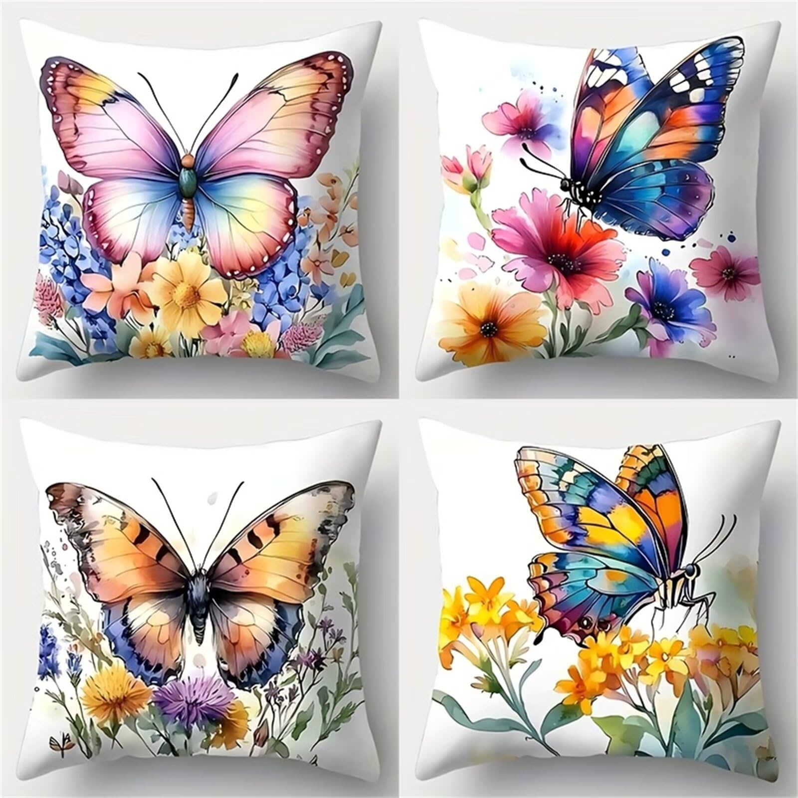 QiHon Cushion Covers 55x55 cm Set of 4 Butterfly Flowers Linen Square Pillow Cases 22x22 inch Modern Decorative Throw Pillow Covers for Sofa Couch Bedroom Home Office with Invisible Zipper