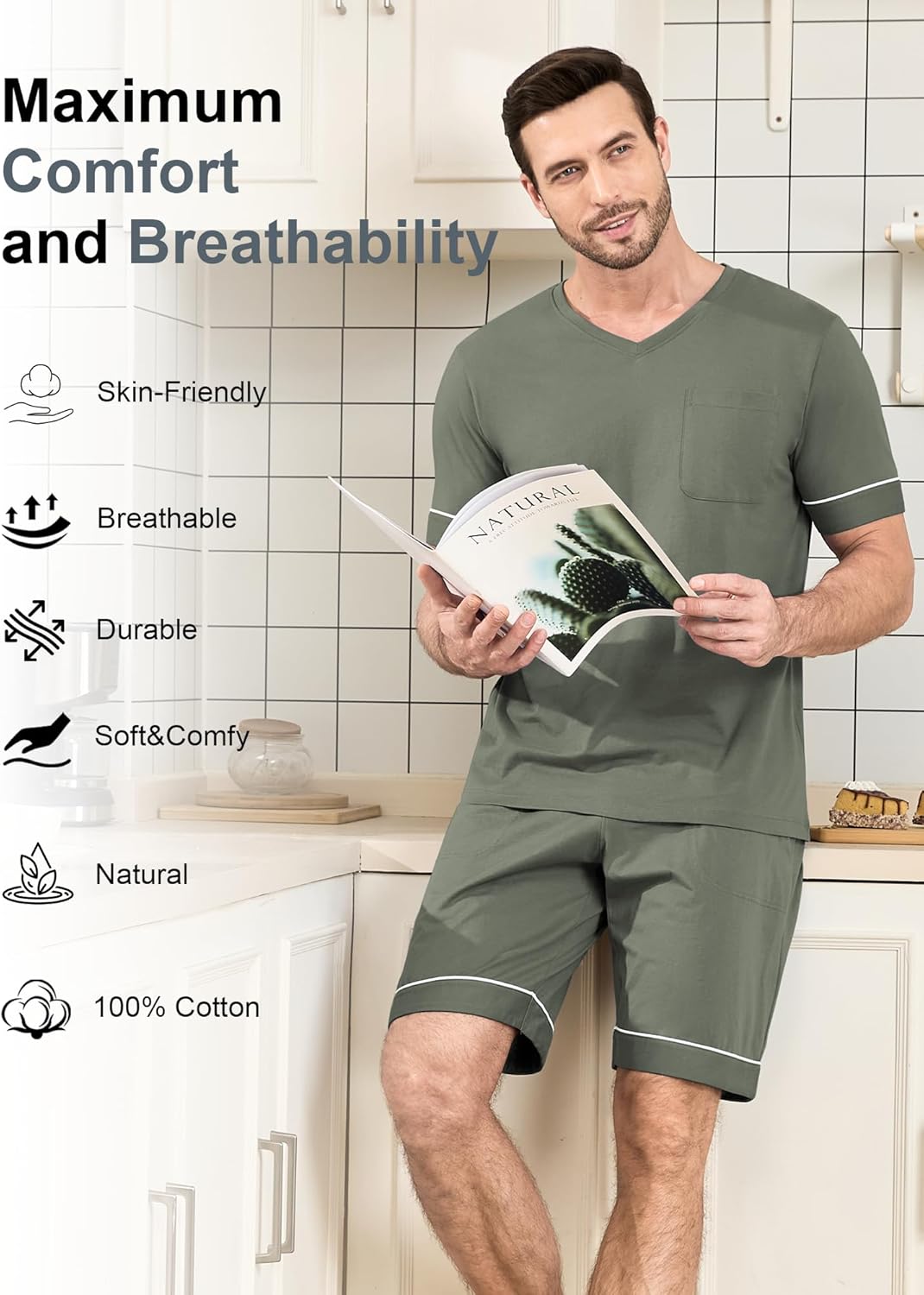 COLORFULLEAF Men's 100% Cotton Pajama Set Short Sleeve Button Down Sleepwear Soft V-neck Lounge Pjs with Pockets - Image 4