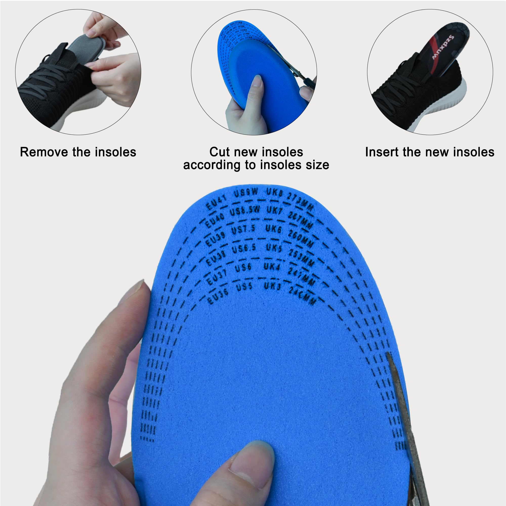 Szdxuw 2 paia Solette in Memory Foam Donna Uomo - Inserti per Scarpe Regolabile alla Misura Comfort Traspirante, Inserti Per Scarpe Da Ginnastica, Lavoro, Sportive E Stivali, Nero Donna
