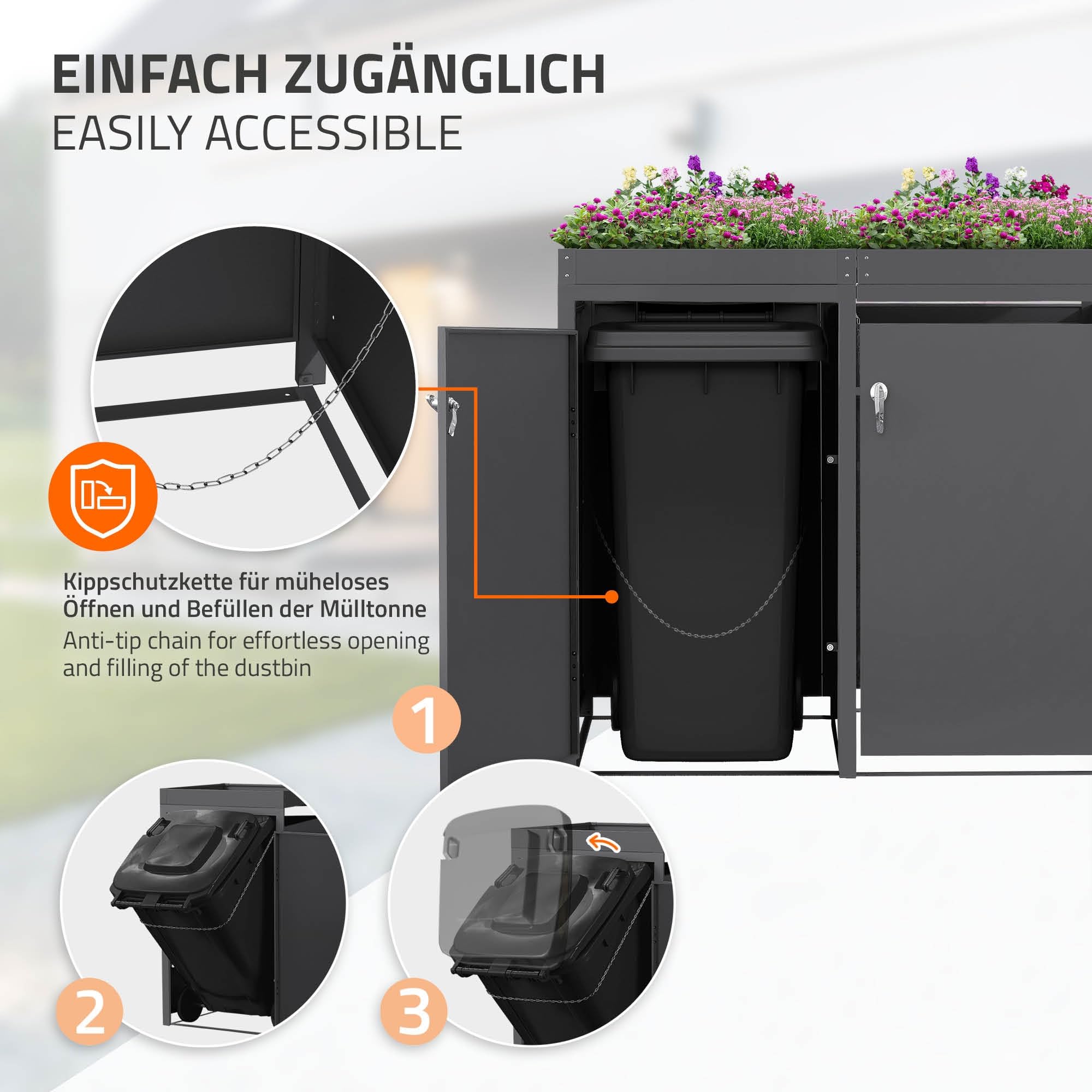ML-Design Mülltonnenbox 2er 240L mit Pflanzdach, Mülltonnenverkleidung für 2 Mülltonnen, Müllbox wetterfest, Mülltonnenhaus aus Stahl, Müllcontainer mit abschließbarer Tür, 132x80x124 cm, Anthrazit