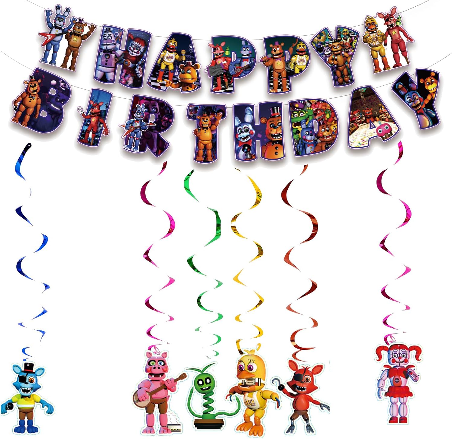 13Packs Five Nights party supplies Include 12 pcs Hanging Swirls and 1 Happy Birthday Banner for Five Nights party Decoration