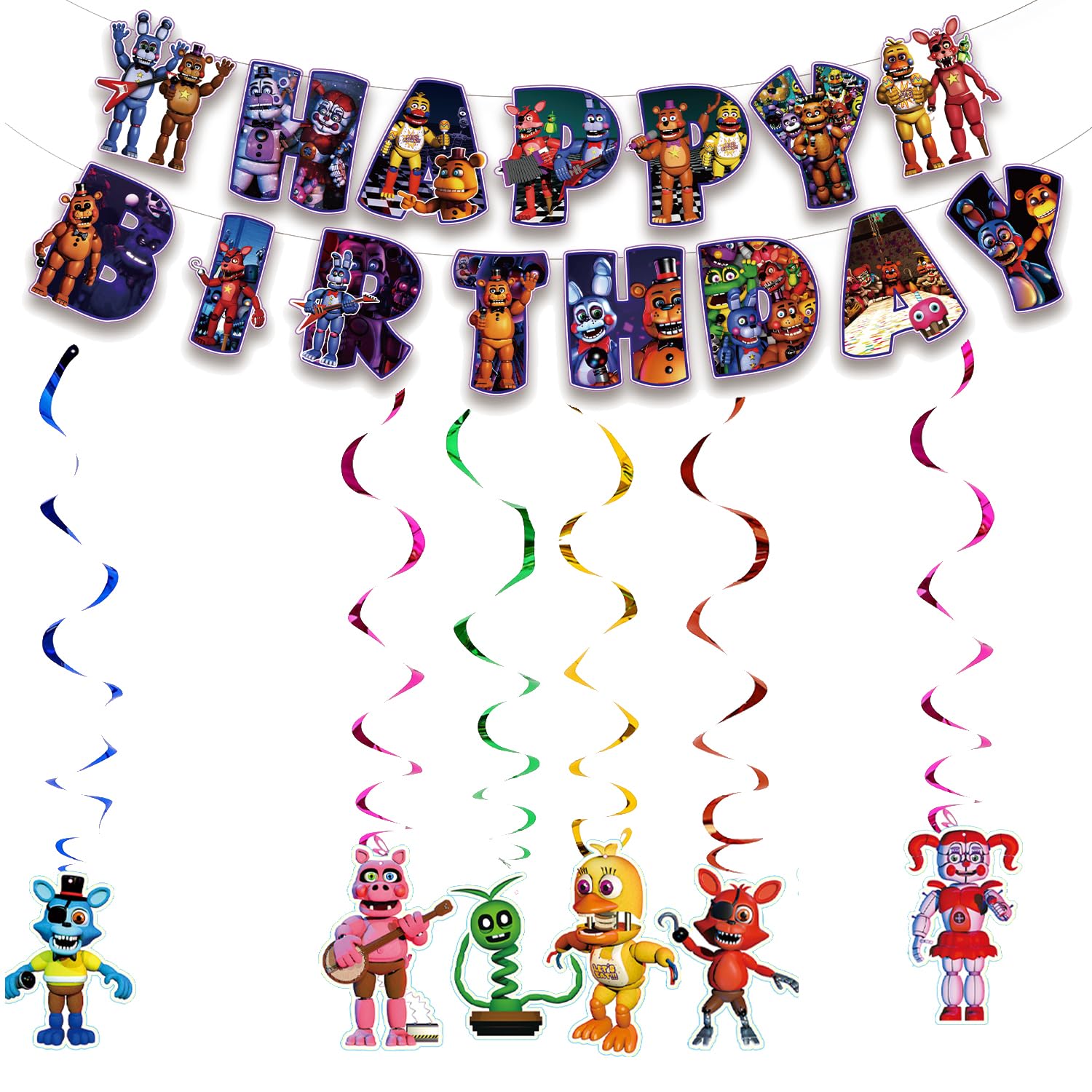 13Packs Five Nights party supplies Include 12 pcs Hanging Swirls and 1 Happy Birthday Banner for Five Nights party Decoration
