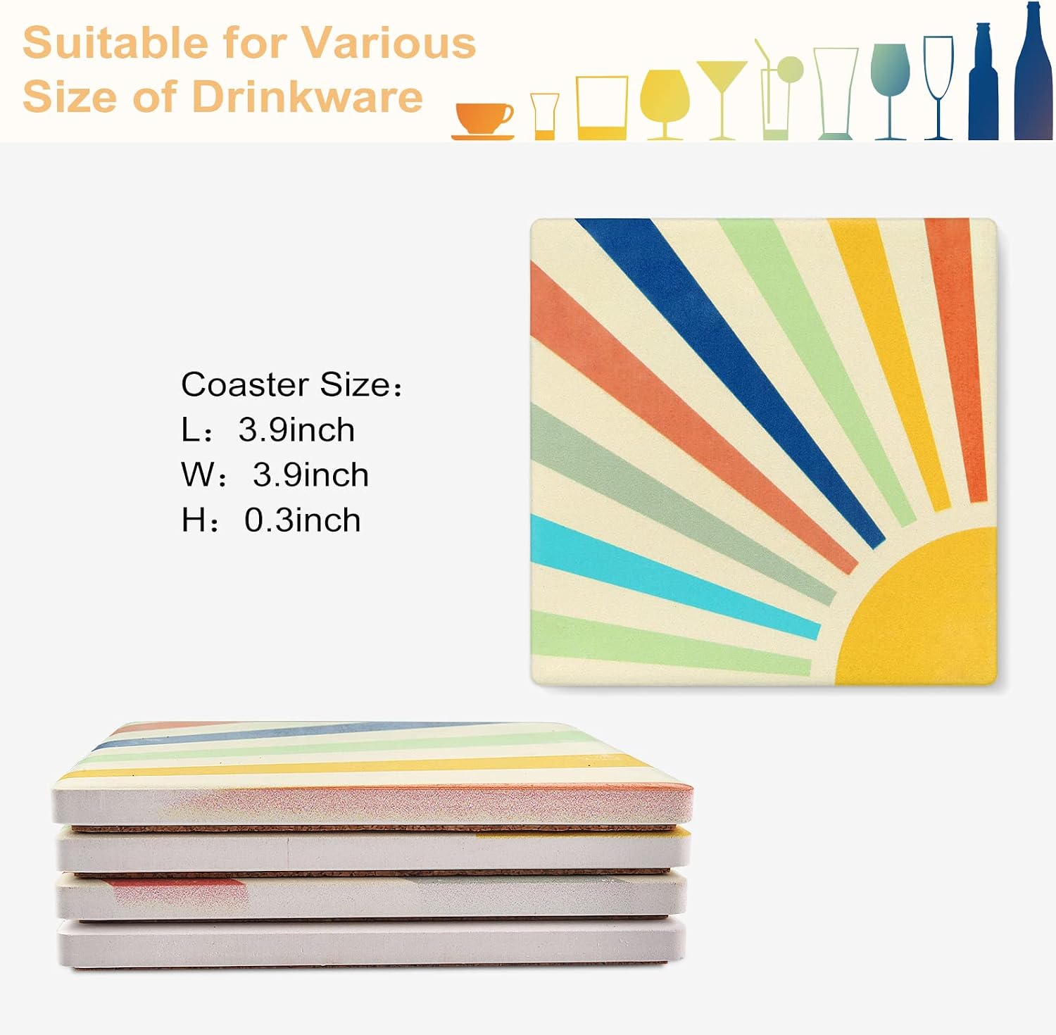 Lahome Sun Coasters for Drinks, Boho Gold Cute Square Absorbent Ceramic Stone Coasters Set with Cork Base for Coffee Table, Farmhouse Coaster for Wooden Table Home Decor Women Car, 4 Inches