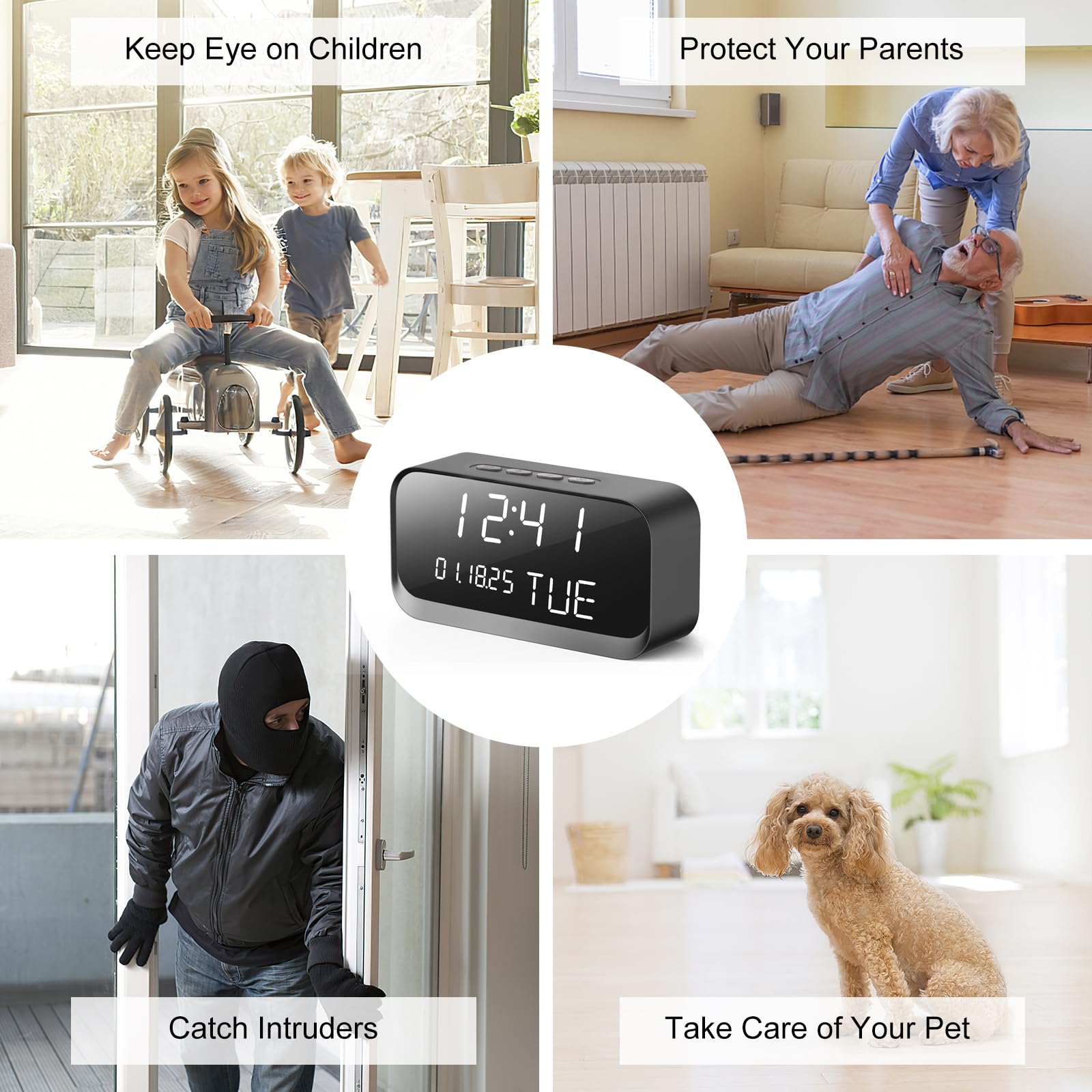 Caméra horloge – Caméra WiFi Nanny avec vidéo HD 1080p, détection de mouvement AI, vision nocturne claire, WiFi double bande, connectivité Bluetooth, stockage local et cloud, caméra