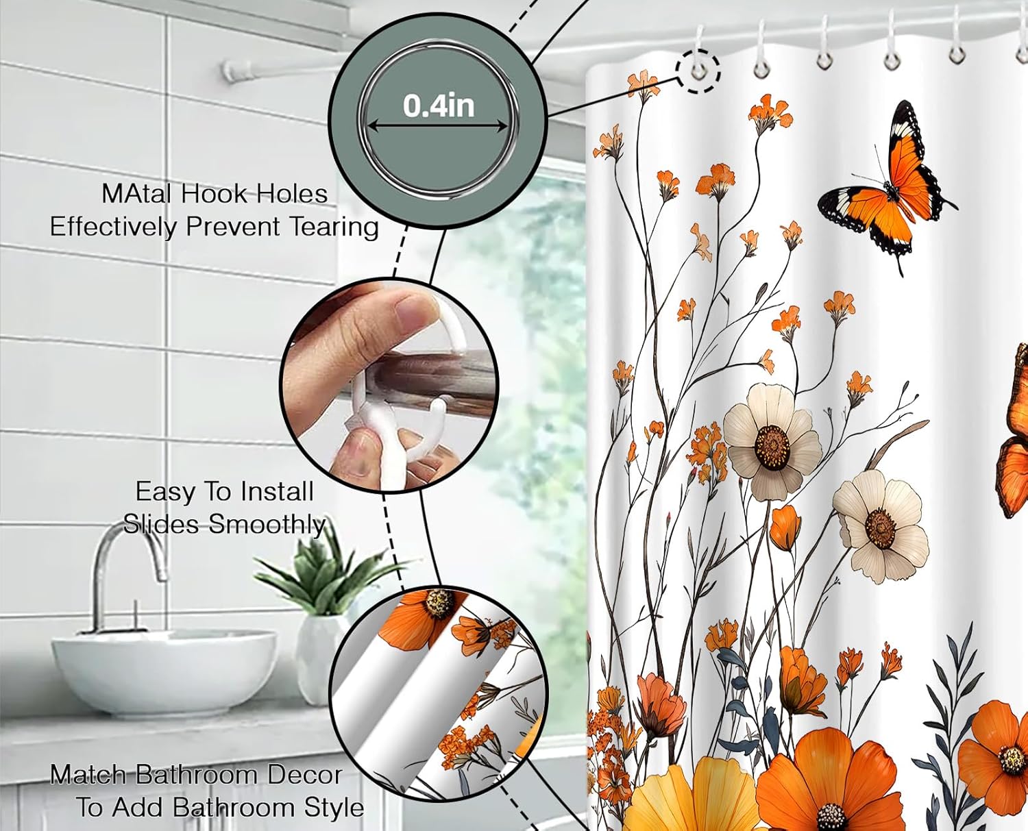 Pumpkin Floral Extra Long Shower Curtain,Fall Thanksgiving Flower Butterfly Squirrel Autumn Orange Bathroom Home Curtain Decor with Hooks,70x78 Inch