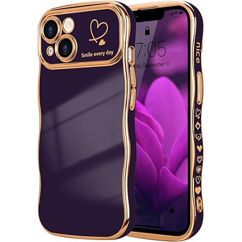 LCHULLE for iPhone 14 Plus Case for Women Girls, Cute Wave Frame Curly Shape with Love Heart Pattern Raised Camera Protection Cover Luxury Plating Shockproof Phone Case for iPhone 14 Plus, Dark Purple