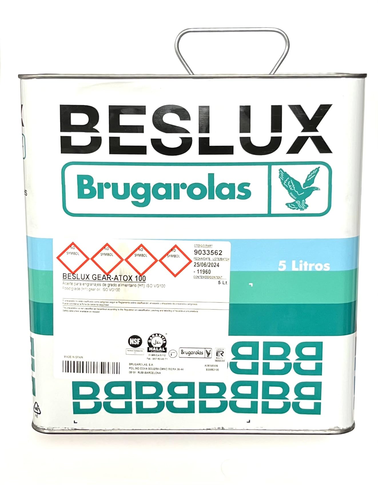 Aceite industrial de grado alimentario ISO VG100 5litros. Aceite Brugarolas Beslux Gear Atox 100