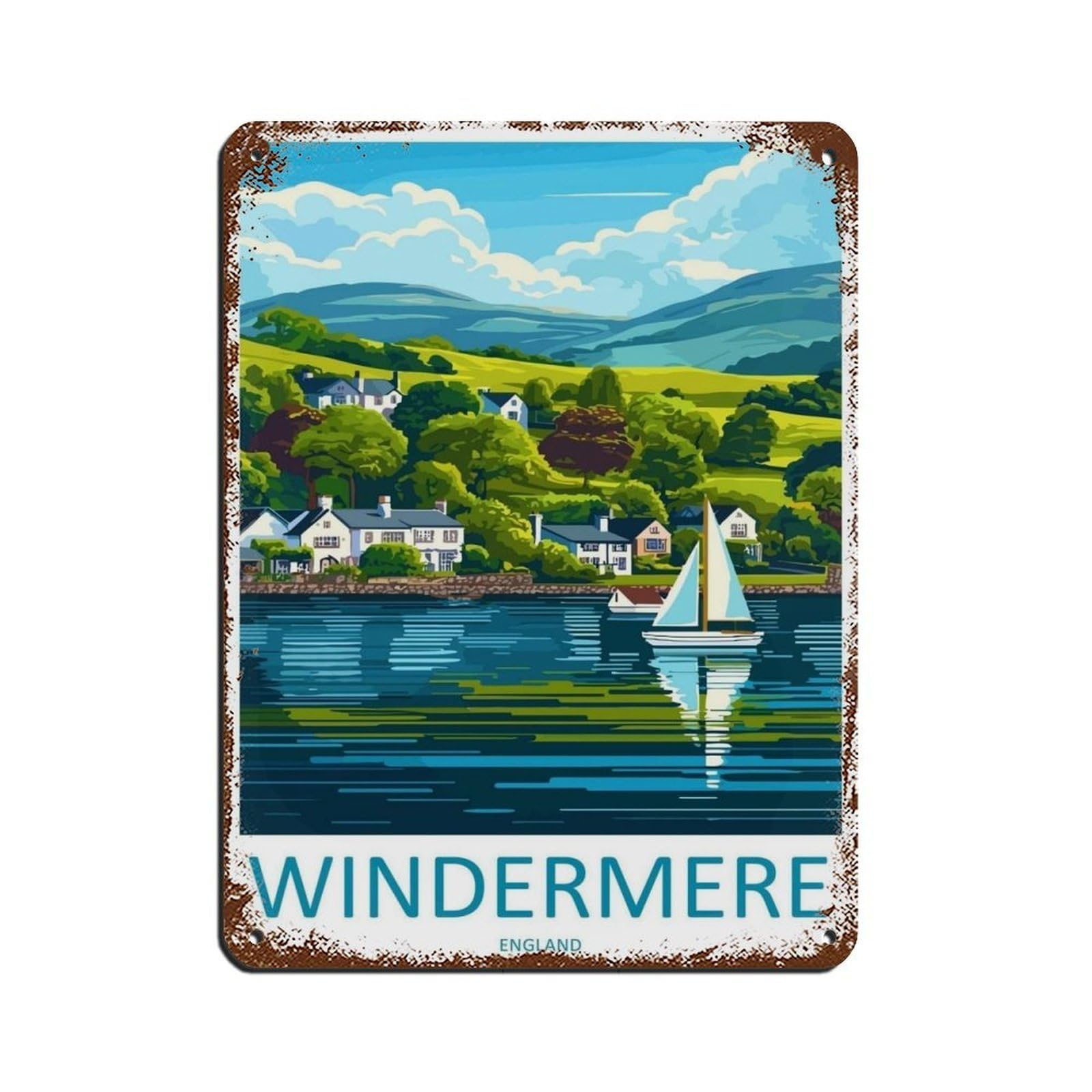 Windermere Cartoon Travel Poster Lake District Art Retro Poster Metal Tin Sign Chic Art Retro Iron Painting Bar People Cave Cafe Family Garage Poster Wall Decoration 12x16inch(30x40cm)