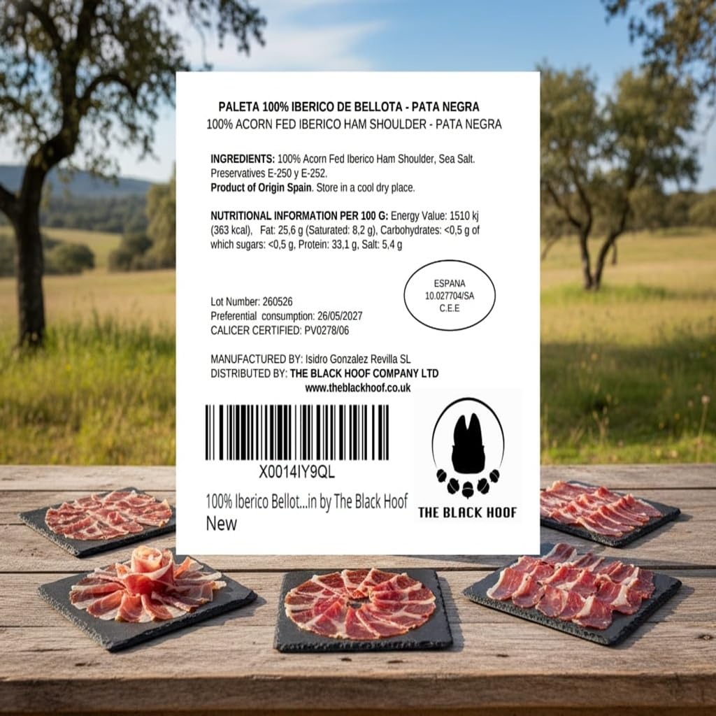 Spalla di Prosciutto 100% Iberico Bellota Pata Negra The Black Hoof | Stagionato 24+ mesi | Paleta 100% Iberico de Bellota | Certificato CERTICALIDAD | 5–6kg | Prodotto in Spagna
