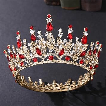Full Rhinestone Round Crown For Women Artificial Crystal Sweet Leaf Tiara Birthday Party Princess Diadem Headwear Gold Red