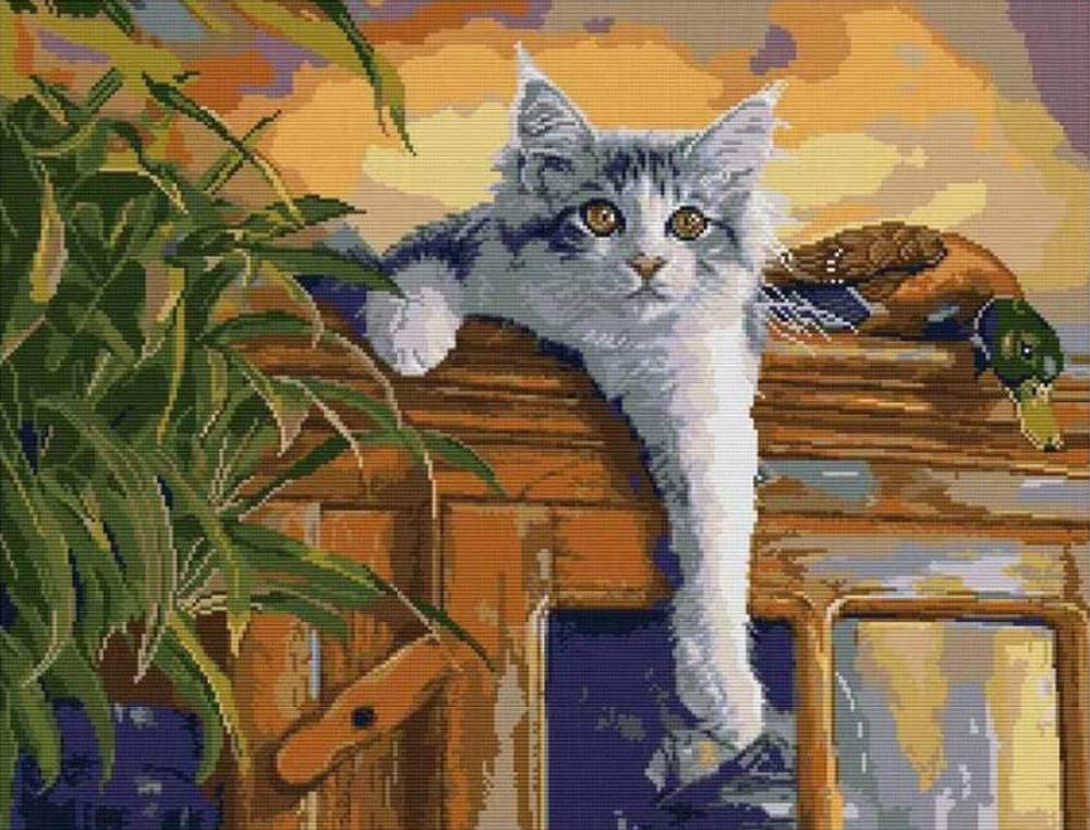 Stamped Cross Stitch Kit with Fabric DIY Embroidery Kits for Beginners Children & Adults with 11CT Printed Pattern Animal cat 40 * 50cm