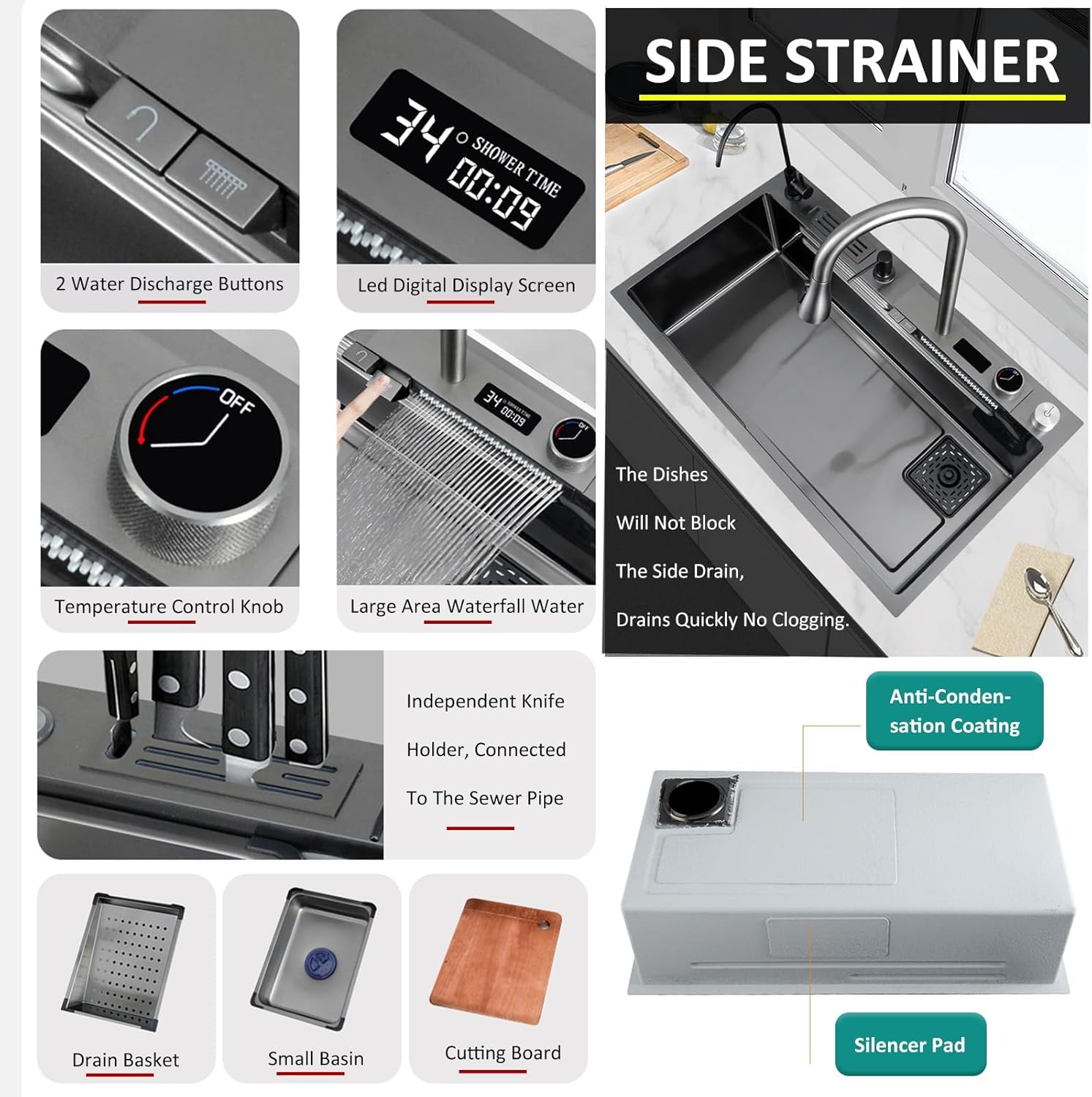 Black Gray Kitchen Workstation Sink, Large Kitchen Bar Prep Sink With Pull Out Faucet, Cup Washer, Drinking Faucet, Small Basin & Drain Set, 304 Stainless Steel Waterfall S,One Color-68x46x22cm