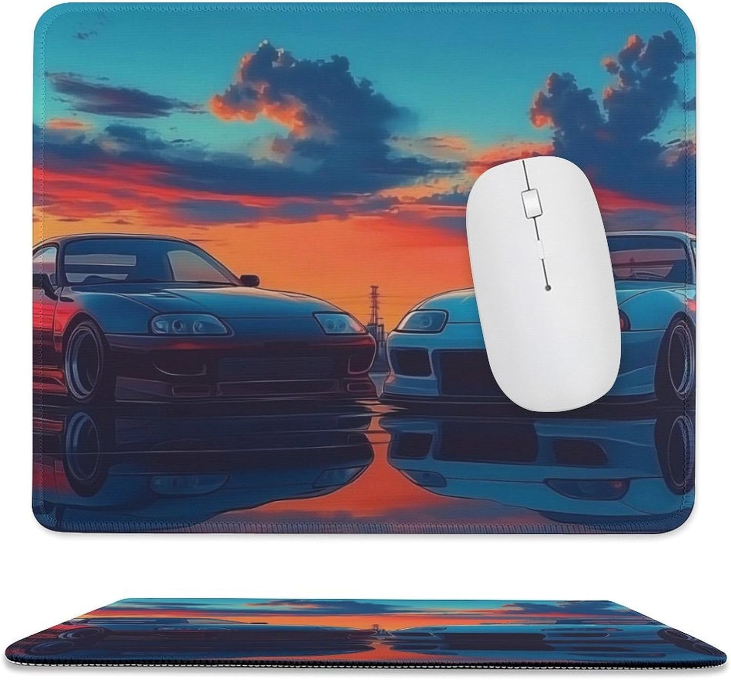 Small Square Mouse Pad,Japanese Cars Red Blue Side by Side Front Dusk Mousepad with Stitched Edge for Desk Accessories Non-Slip Gaming Mouse Pads Small Mousepad for Computer Laptop Gamer 9.8"