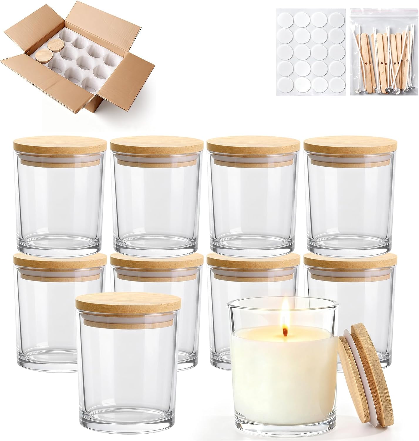 7oz Glass Candle Jars, 12-Pack Candle Jars for Making Candles, Empty Thick Glass Wide-Mouth Jars with Bamboo Lids & Wick Kits, Candle Containers Bulk - Clear