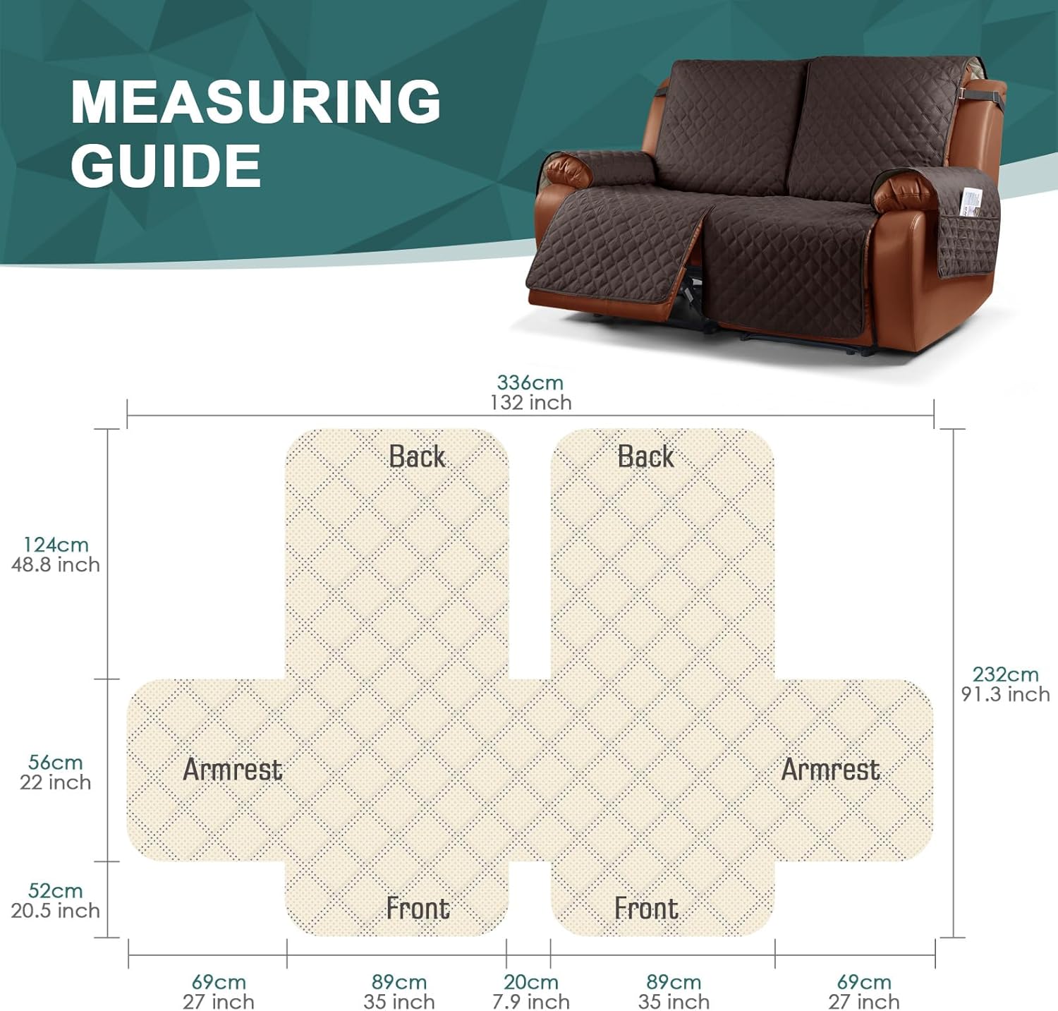 Ruaozz Waterproof Recliner Sofa Cover 1-Piece Couch Covers for Reclining Couches Reclining Sofa Cover Washable Furniture Protector with Elastic Straps Pocket for Kids, Pets (Chocolate, XL 2 Seater)