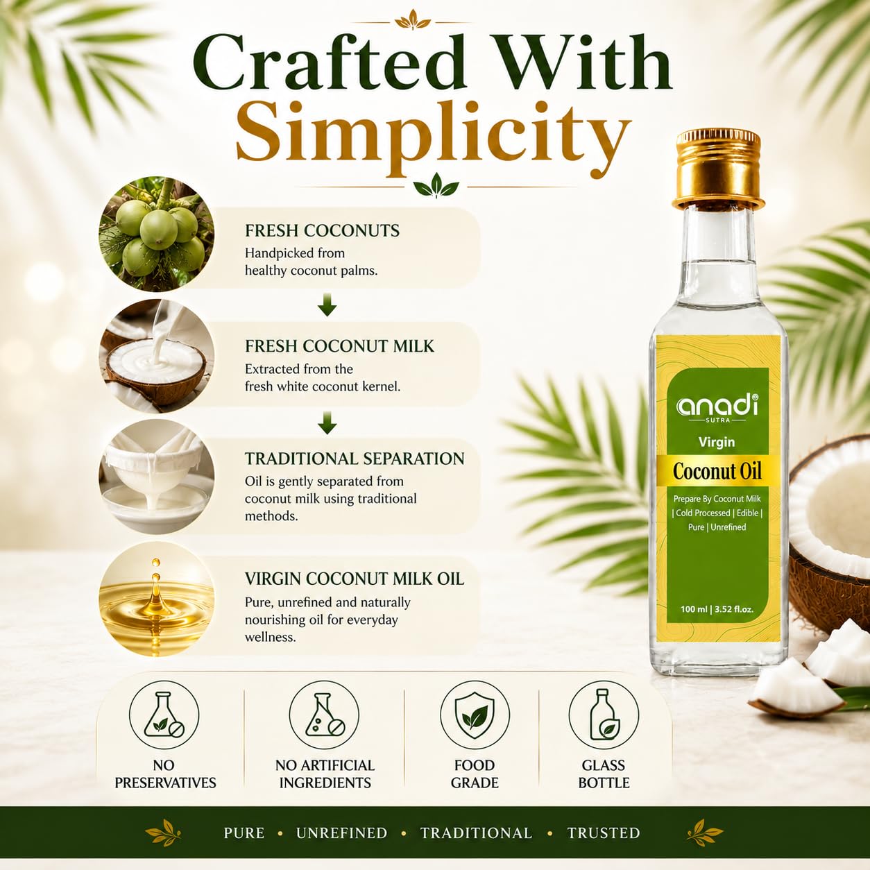 Anadi Sutra Virgin Coconut Milk Oil 100 ml | Traditionally Crafted from Fresh Coconut Milk | Naturally Rich in MCTs | Lightweight Edible Oil for Skin Hair Care & Cooking 1