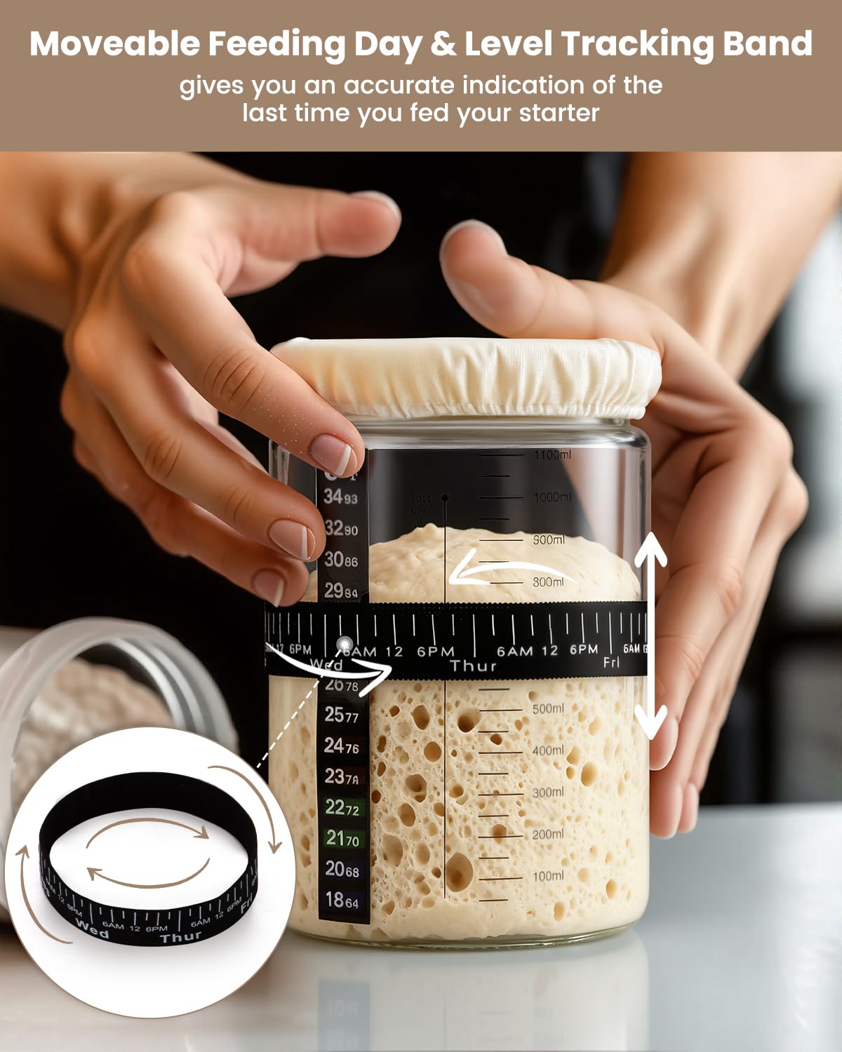 PITCH + PULSE Starter Kit per Pasta Madre, 1200ml Vetro Fermentato con Termometro, Nastro Alimentazione Data, Spatola, Contenitore per la Cottura del Pane a Lievito Naturale