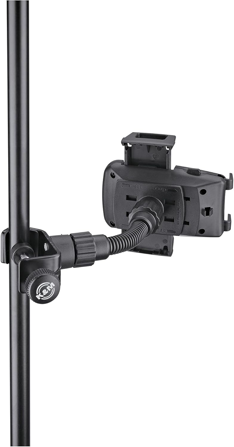 K&M Konig & Meyer 19747.015.55 Universal Phone Holder for Microphone Music Stand | Connect to Mic /Boom Tube | For Mini Tablets | Rotate from Landscape to Portrait | Swivel, Tilt | German Made | Black