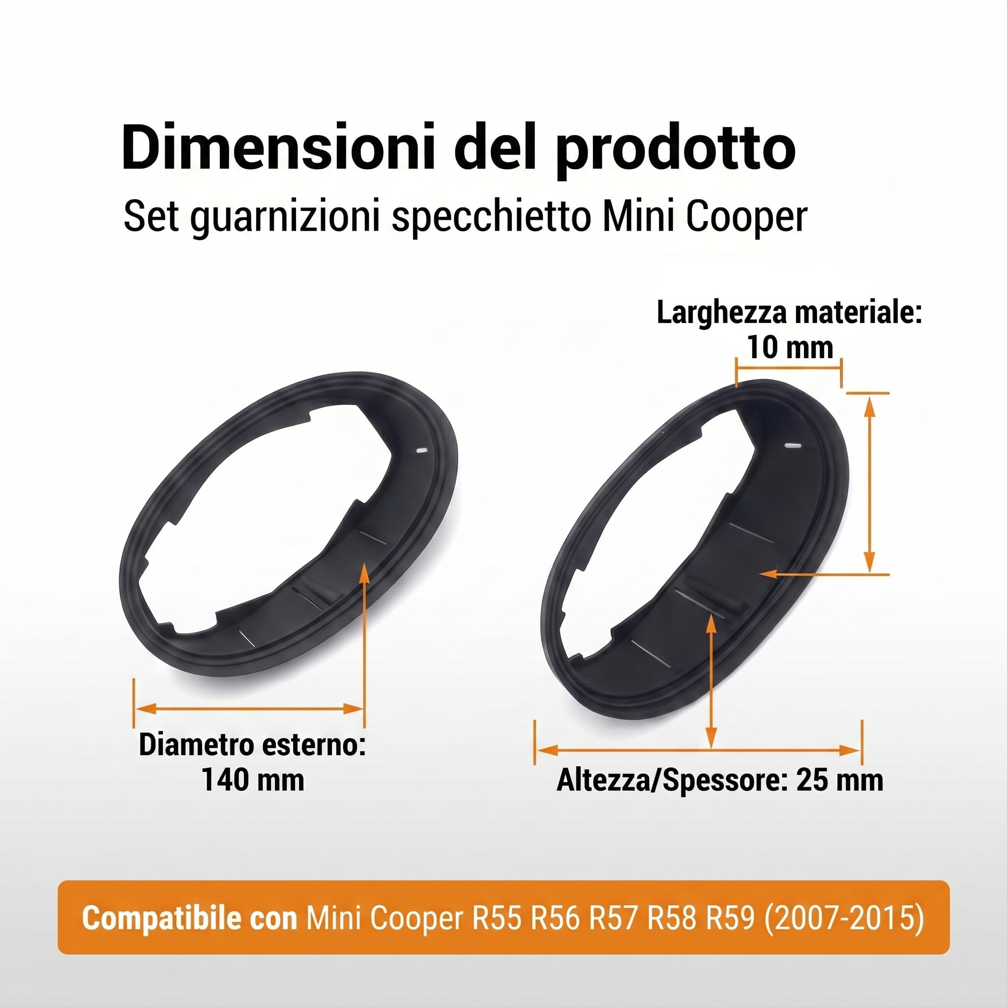 Guarnizione in gomma per alloggiamento specchietto retrovisore esterno per Mini Cooper R55 R56 R57 R58 R59 2007-2015, sostituisce 51167261775 51162755639, nero, confezione da 2