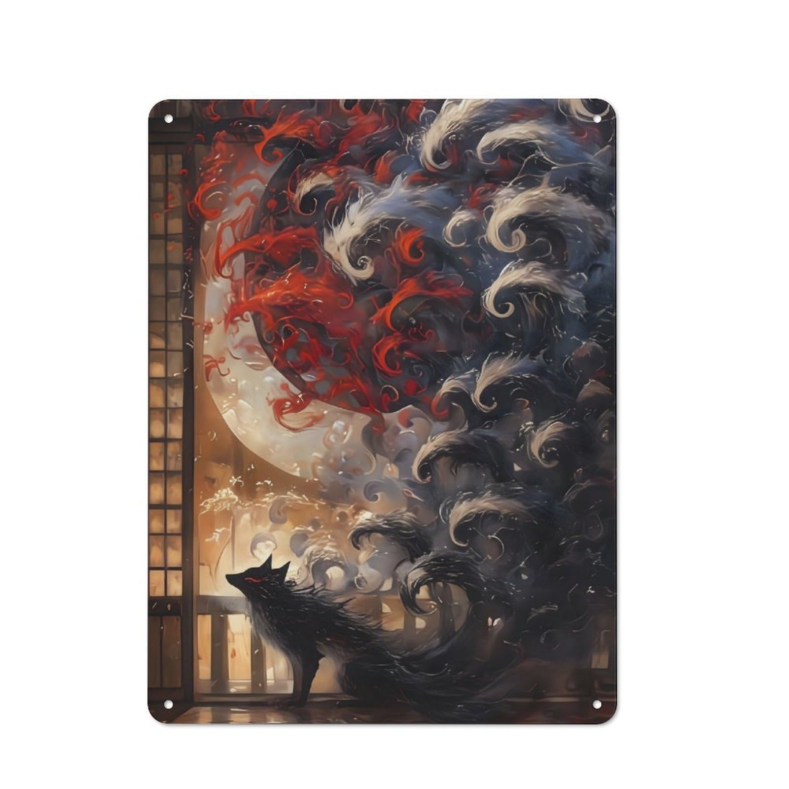 Junmoney Kitsune With Nine Tails For Café Or Restaurant, Vintage Tin Wall Plaque 40X30cm, New Home Wall Decor For Café Owners And Decorators
