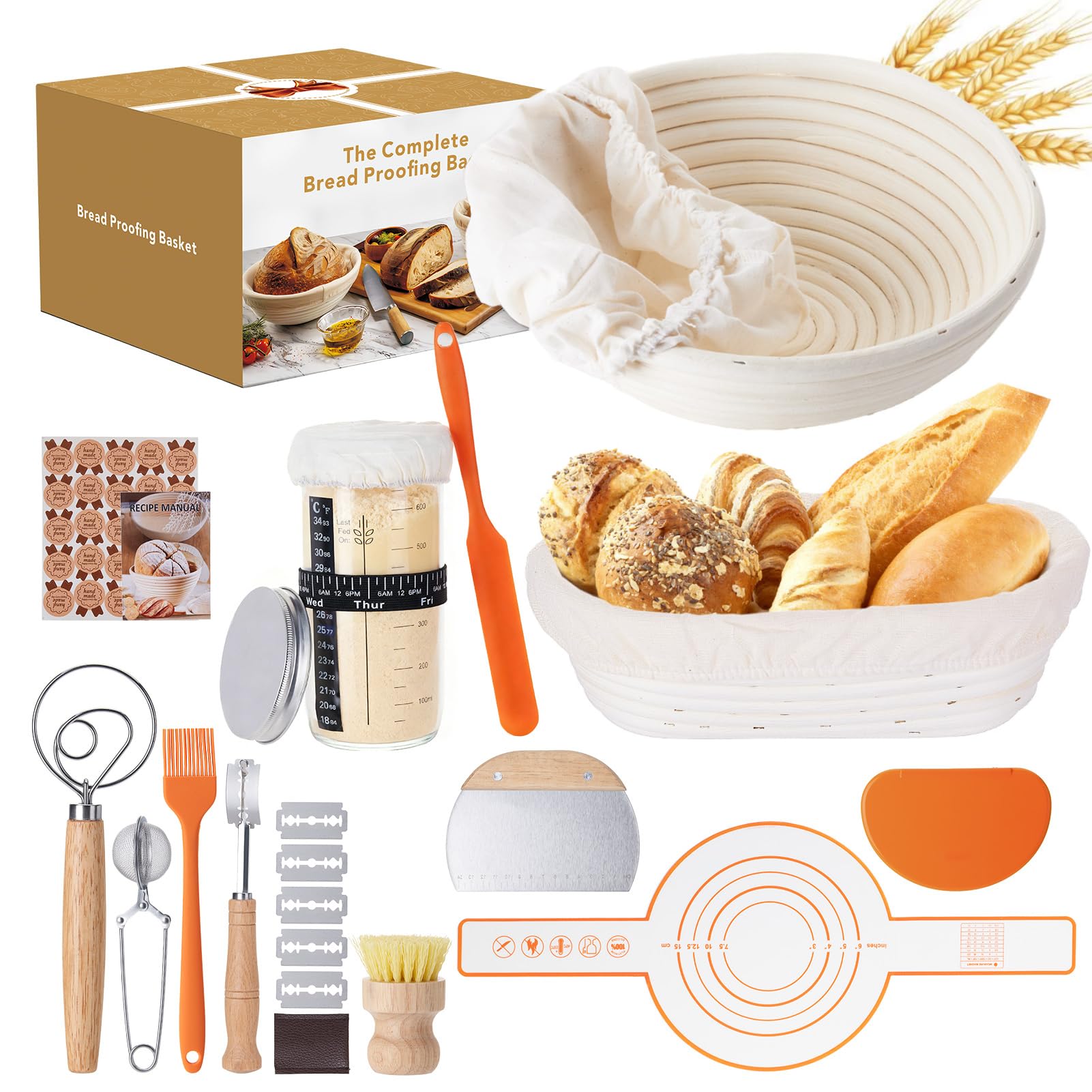 JOJOSEE Gärkörbchen, Brotgärkorb-Set Für Sauerteig Starter Set, Gärkorb natürlichem Rattan, Sauerteig-Gärkorb (inkl. Teigschaber, Rostmesser, Gärtuch & mehr) - Komplett Ausrüstung für Anfänger Profis