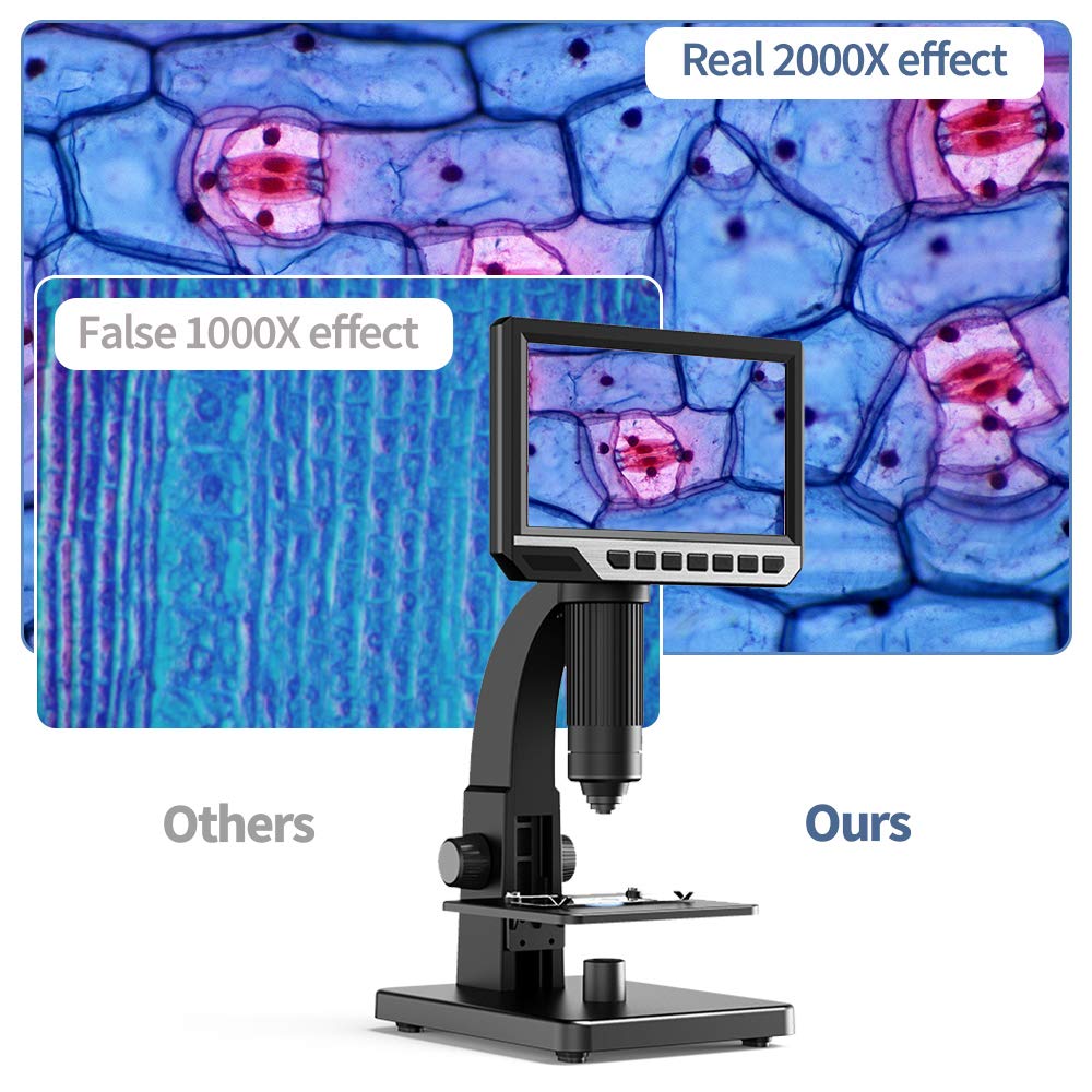 Microscopio Digitale con Display LCD 7 Pollici Doppia Lente 500-2000X Fotocamera da 12 MP con Videocamera 32G TF Luce a 11 LED Portatile Ricaricabile per Scienza e Biologia, Scuola e Ricerca