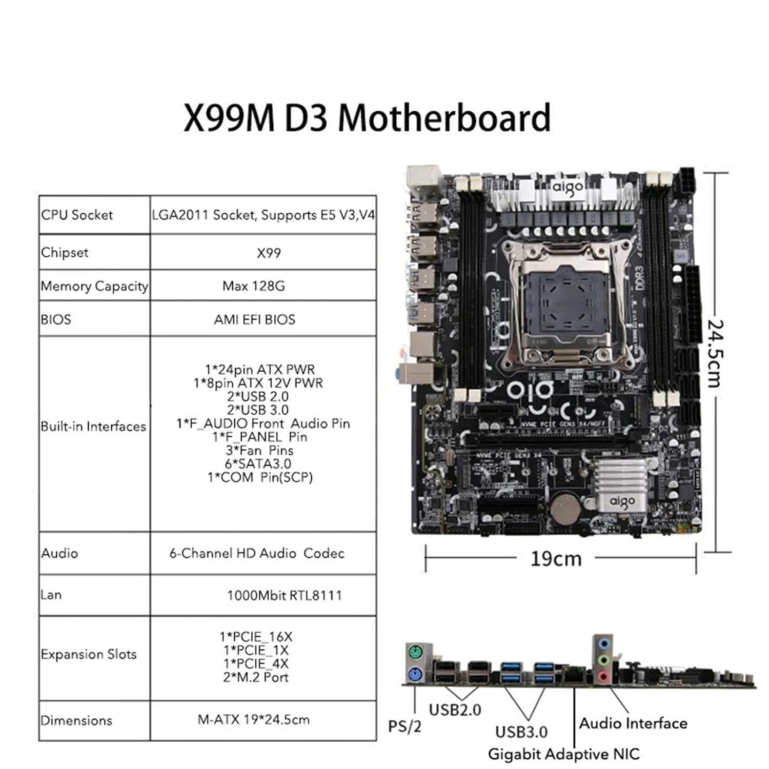 ZDMTDKXT X99M Motherboard with a specifications table overlay, detailing CPU socket, chipset, memory capacity, BIOS, built-in interfaces, audio, LAN, expansion slots, and dimensions.
