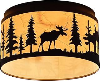 Rustic Flush Mount Ceiling Light with Deer and Bear Elements,2-Light E26 Bulbs Round Metal Parchment Lampshade Fixture for Farmhouse, Kitchen, Bedroom, foyer, and Entryway