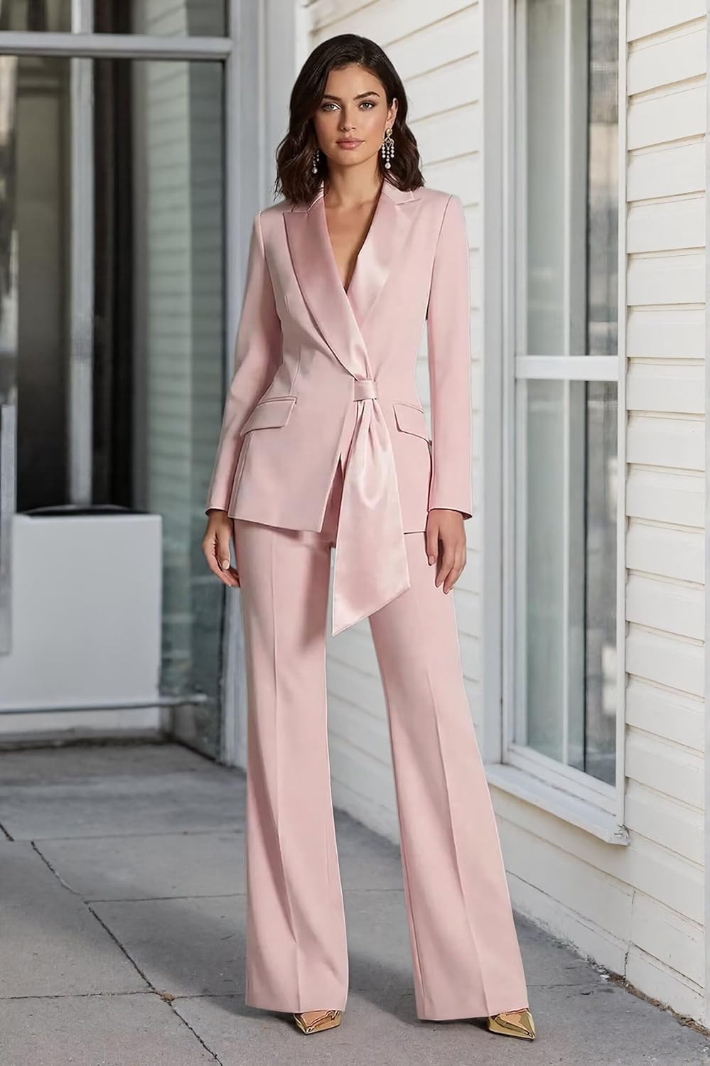 Women's Elegant Lapel Tie Waist Blazer&Pants for Wedding Guest 2 Pieces Suit Set Formal Business Outfit