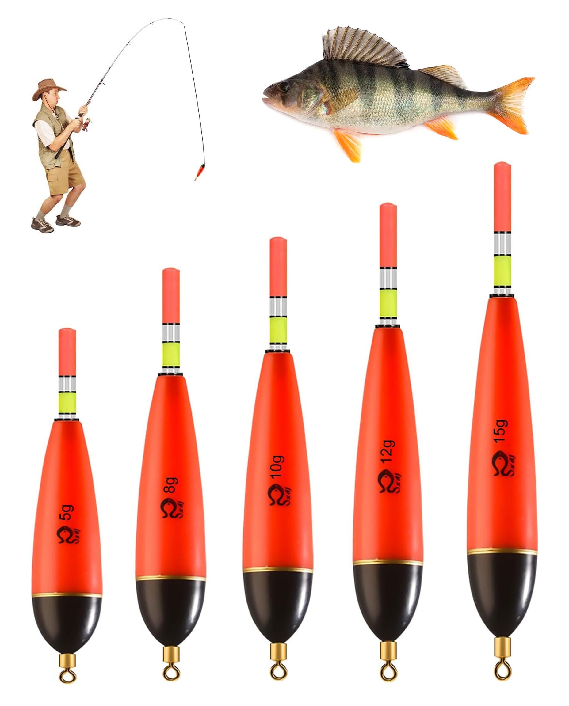 Conjunto 5 Piezas Boyas de Pesca Plásticas Flotadores Pesca Variados Pesos 5g 8g 10g 12g 15g Accesorios Pesca Duraderos para Agua Dulce Carpa Lucio Perca Principiantes y Profesionales