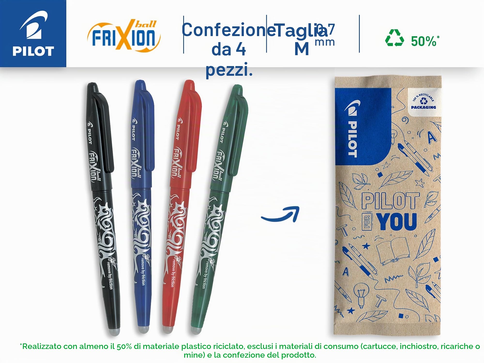 PILOT Frixion Ball Set 4 Penne Cancellabili Termosensibili Roller Ricaricabili Tratto Medio Nero Blu Rosso Verde