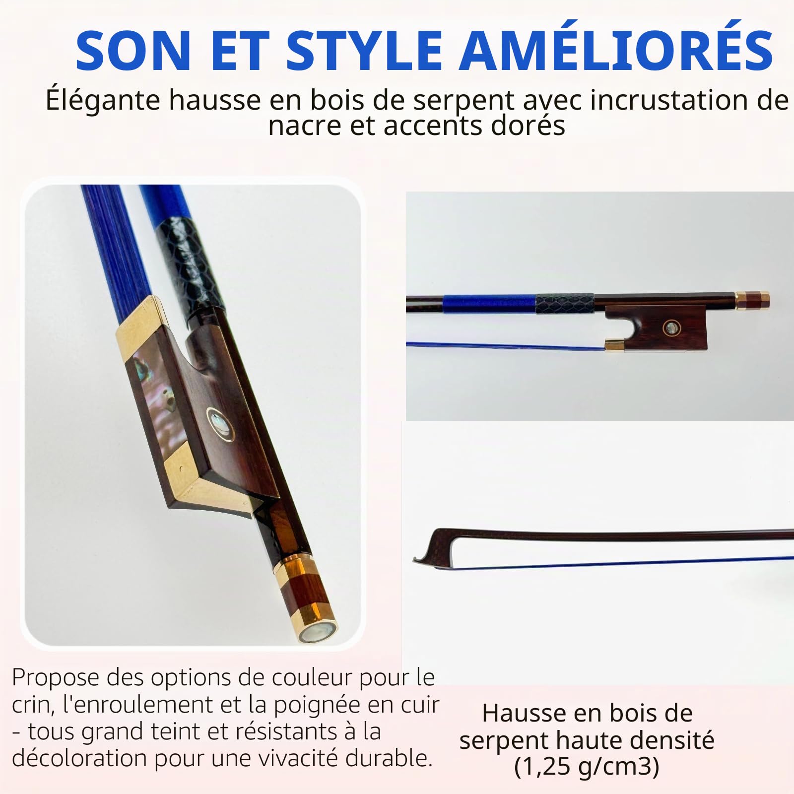 Archet de violon en fibre de carbone 4/4 ultra léger et incassable avec crin de cheval coloré, incrustations de grenouille en bois de serpent et nacre, qualité professionnelle pour les voyages et les