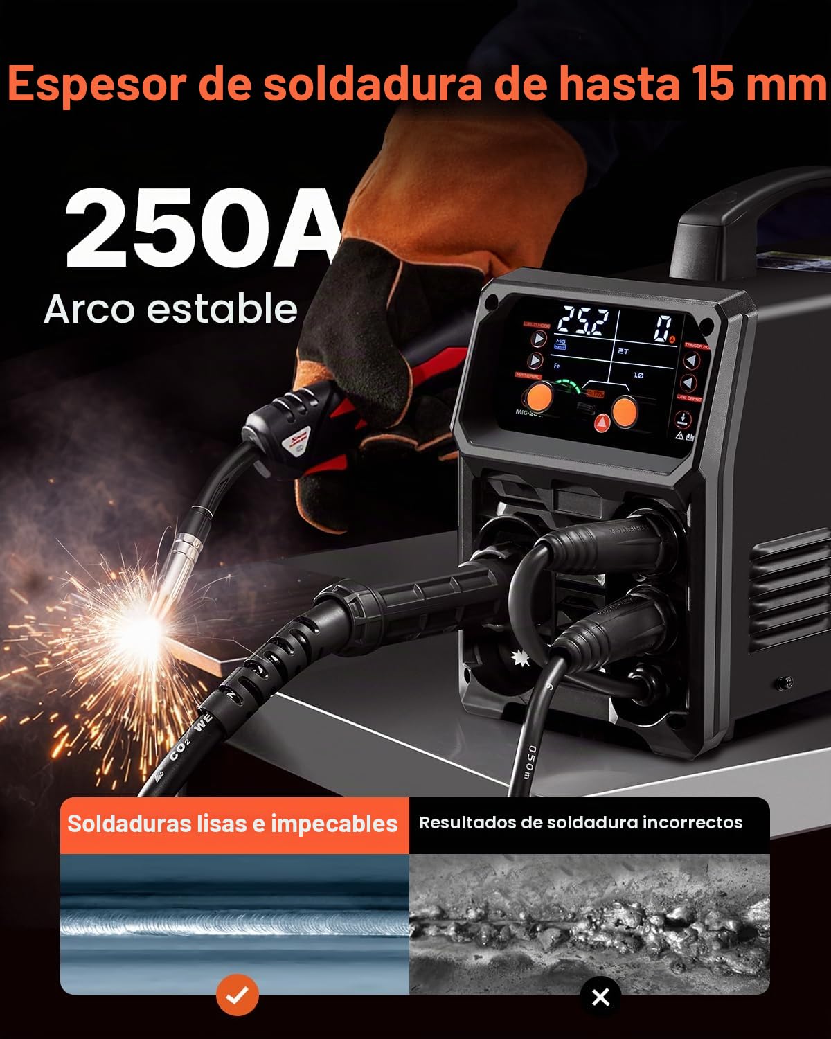 VEVOR Soldador Pro MIG 250 A, Máquina de Soldadura Sinérgica 5 en 1 MIG a Gas/MIG con Núcleo Fundente/STick/Lift TIG/MIG PLUSE con Tecnología de Inversor IGBT y Pantalla LCD, 430 x 180 x 320 mm