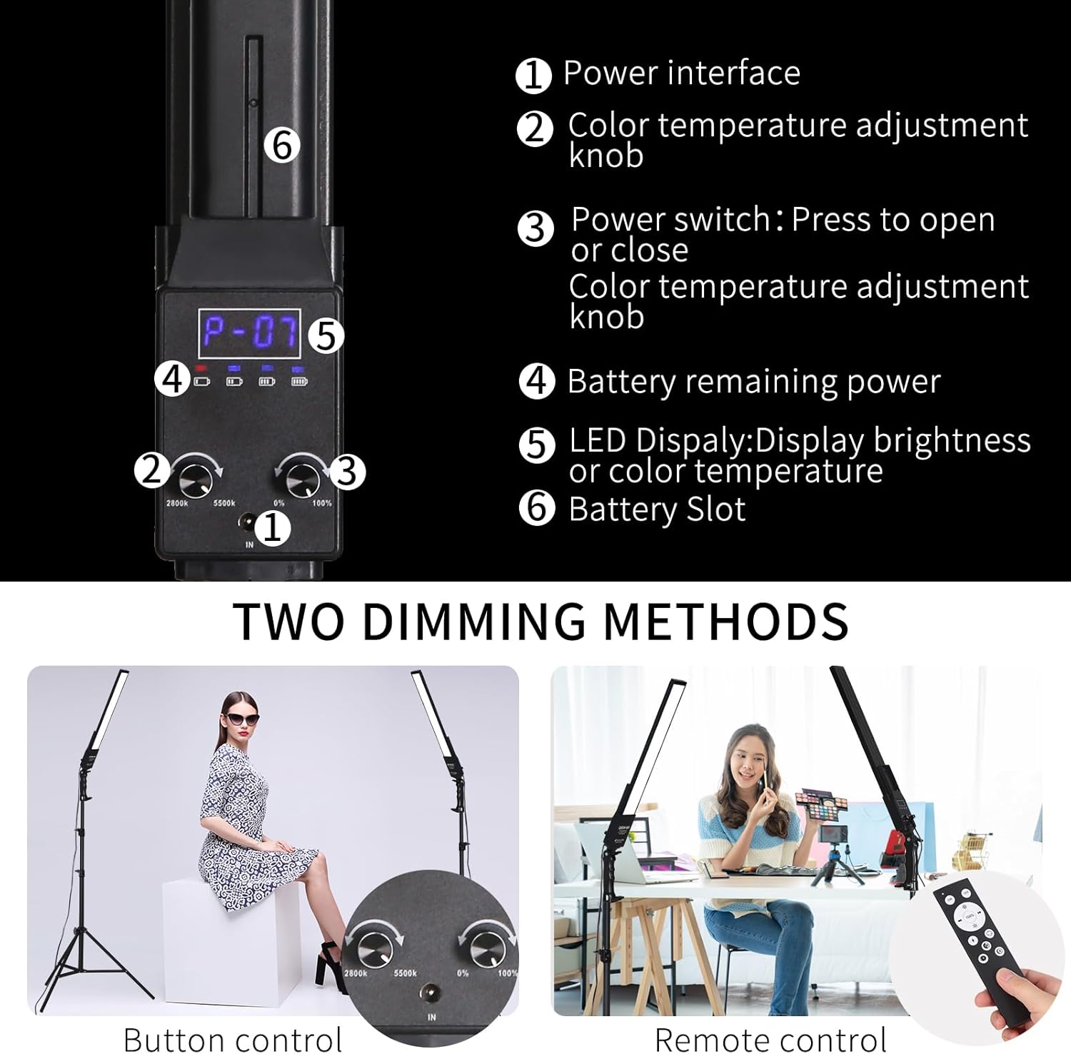 Photography Lighting, Battery Powered Portable Handheld Wand Dimmable LED Studio Light Stick Kit with NP-F970 Li-ion Battery, Stand, Remote for YouTube Video Recording, Streaming, Portrait
