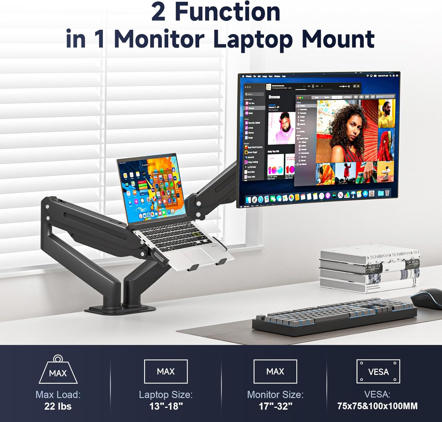 Suptek Monitor Laptop Mount Stand, 2 in 1 Function Dual Monitor Arms Desk Mount for 13"-18" Notebook and 17"-32" Monitor with Laptop Tray,Holds up to 22lbs