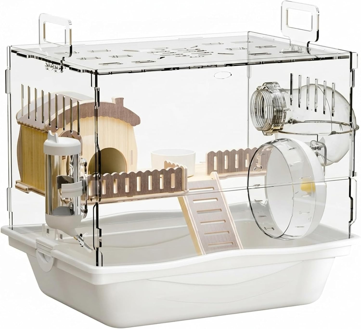 Acrylic Hamster Cage - Transparent Hamster Habitat with Wooden Hideout, Running Wheel, Water Bottle & Full Accessories for Dwarf Hamsters, Gerbils.