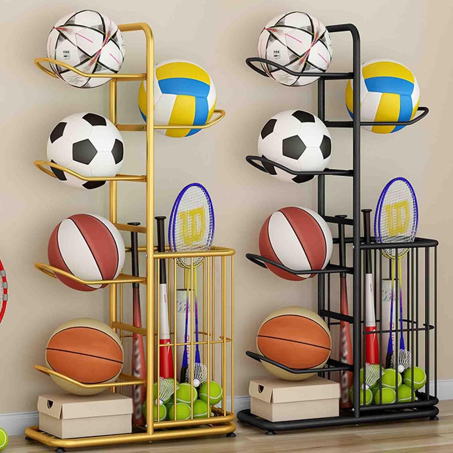 Vertikales Ballregal, 5/7/9-Ball-Halterung, goldfarbener Sportständer für Basketball, Fußball, Volleyball, für den Innen- und Außenbereich (weiß, Kapazität: 5 Bälle)
