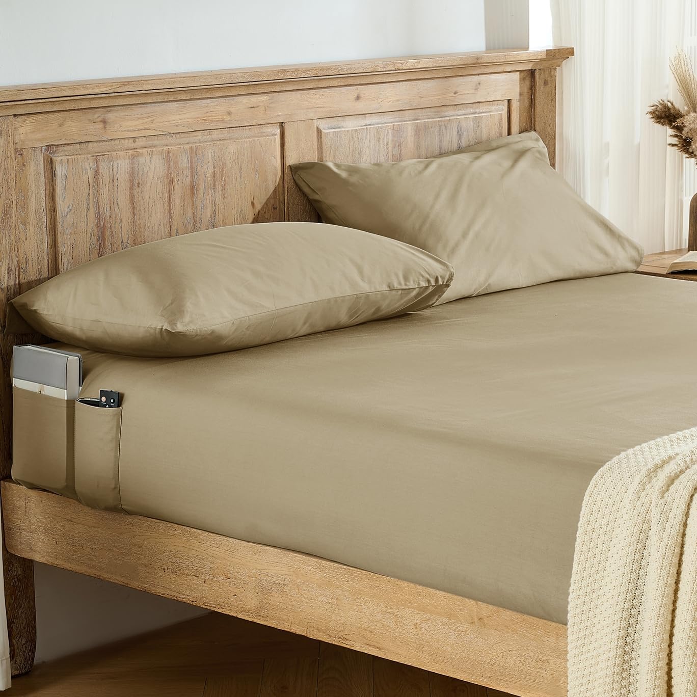 Entisn Pure Cotton Fitted Sheets with Pockets on Side, 400 Thread Count King Cotton Fitted Sheet Only, Deep Pocket Fits Mattress Up to 16 Inch, Breathable & Soft Bedding Sold Separately (Beige)