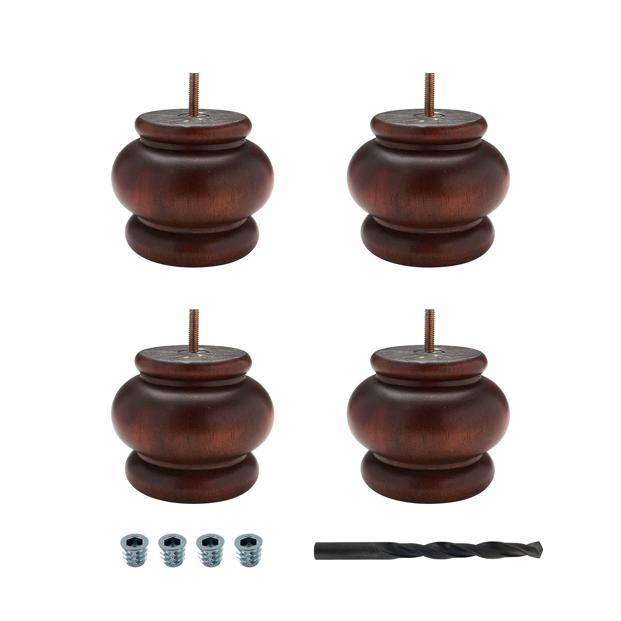 4 in. H x 4-7/8 in. Dia Stained Cherry Solid Hardwood Round Bun Foot | 4 Pack with 4 Free Insert Nuts and Drill Bit