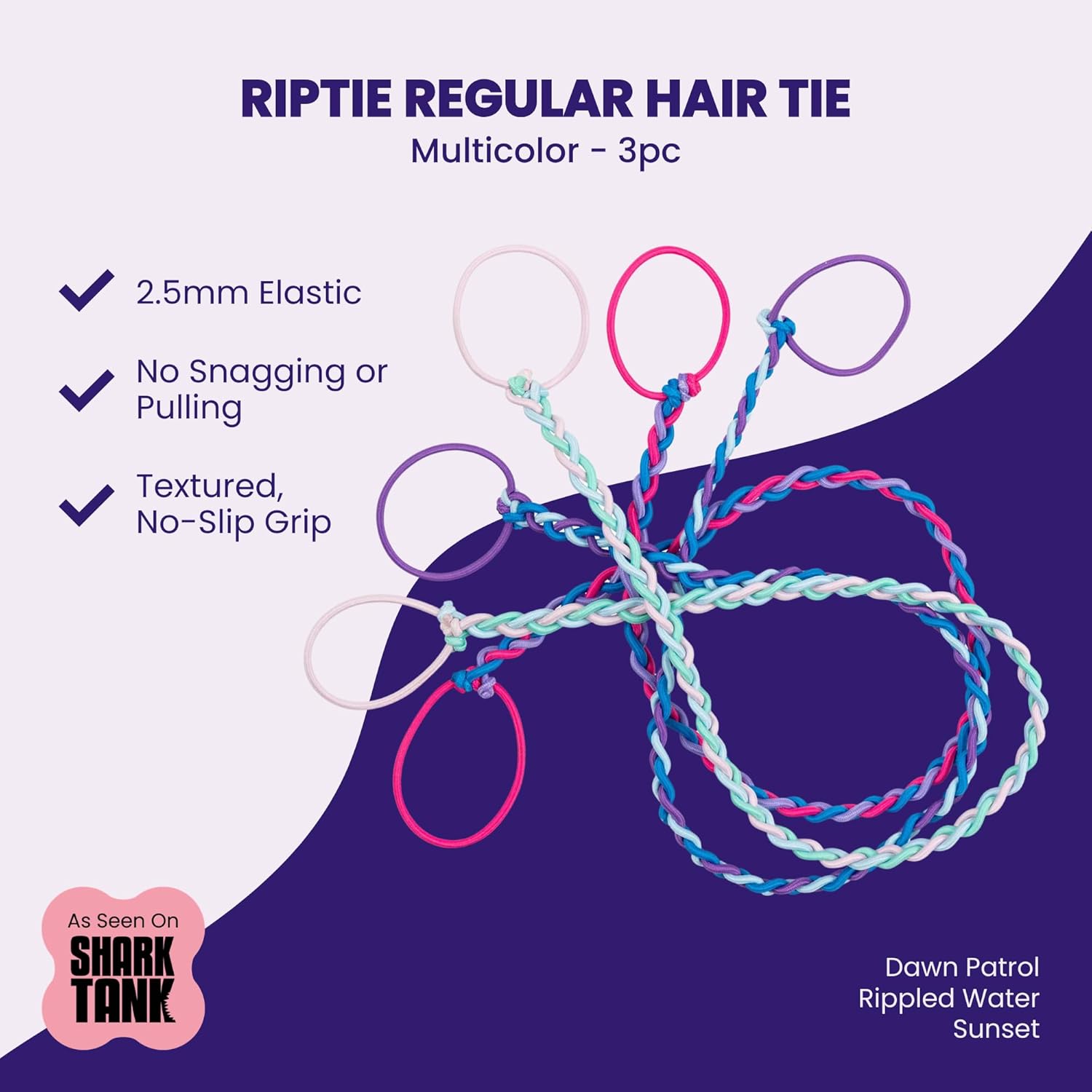 Rip Tie Regular Soft Tangle-Free Hair Tie for Women, Nylon Hair Elastic, Colorful Hair Accessory - As Seen on Shark Tank - 3 Pack Multicolor