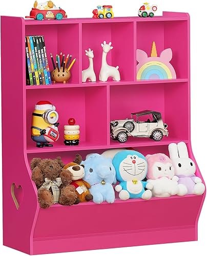 Miniatura 20 de Lerliuo Estantería y organizador de almacenamiento para bebés y niños pequeños, gabinete y estantería para niños, estante de madera con 3 cubos para