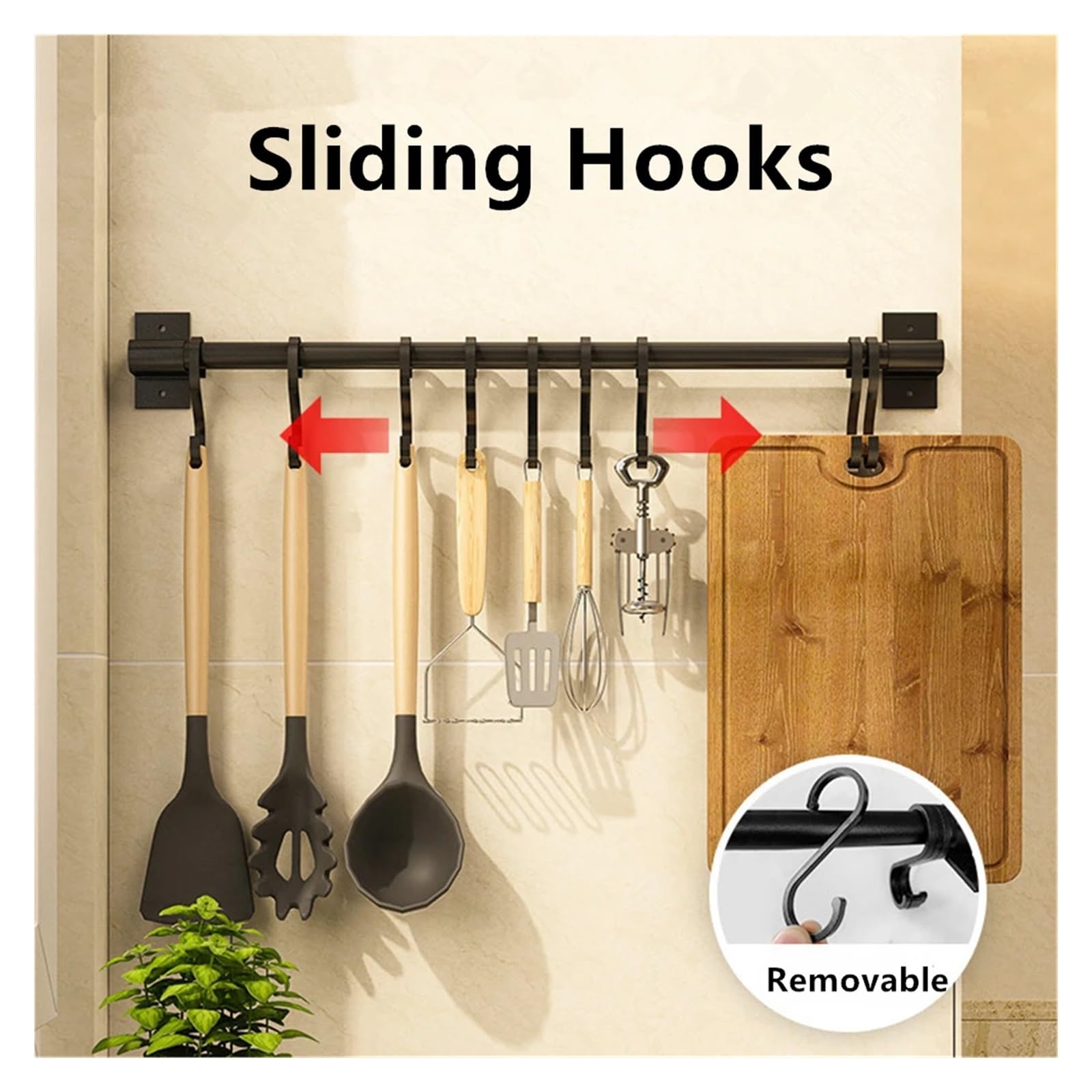 Barra Utensilios Cocina Perchero de cocina con ganchos de pared, sin perforaciones, for colgar utensilios de cocina, cucharas, palas y tablas de cortar.(Black 50CM)