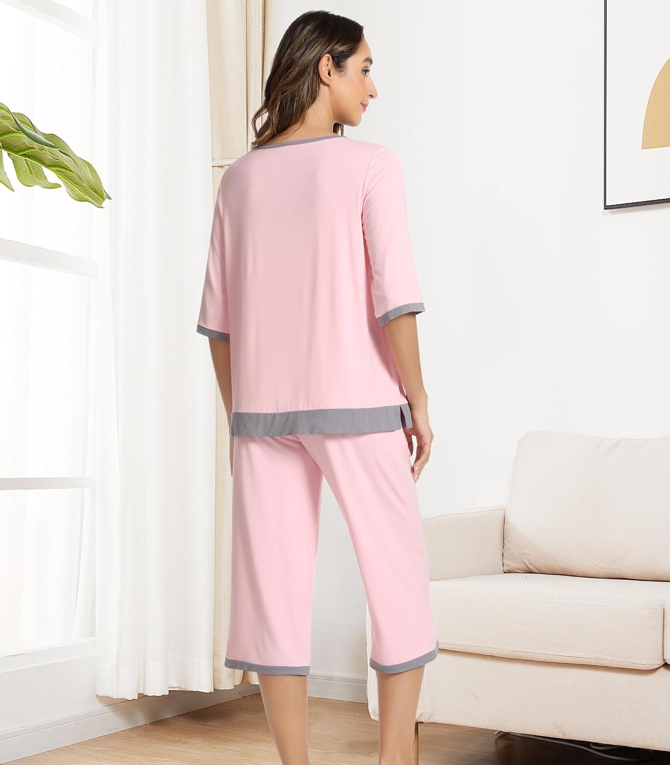 NACHILA Pajamas for Women-Viscose Made from Bamboo, Soft 3/4 Sleeve Pjs Summer Capri Pants Pajamas Set Cooling Sleepwear - Image 2