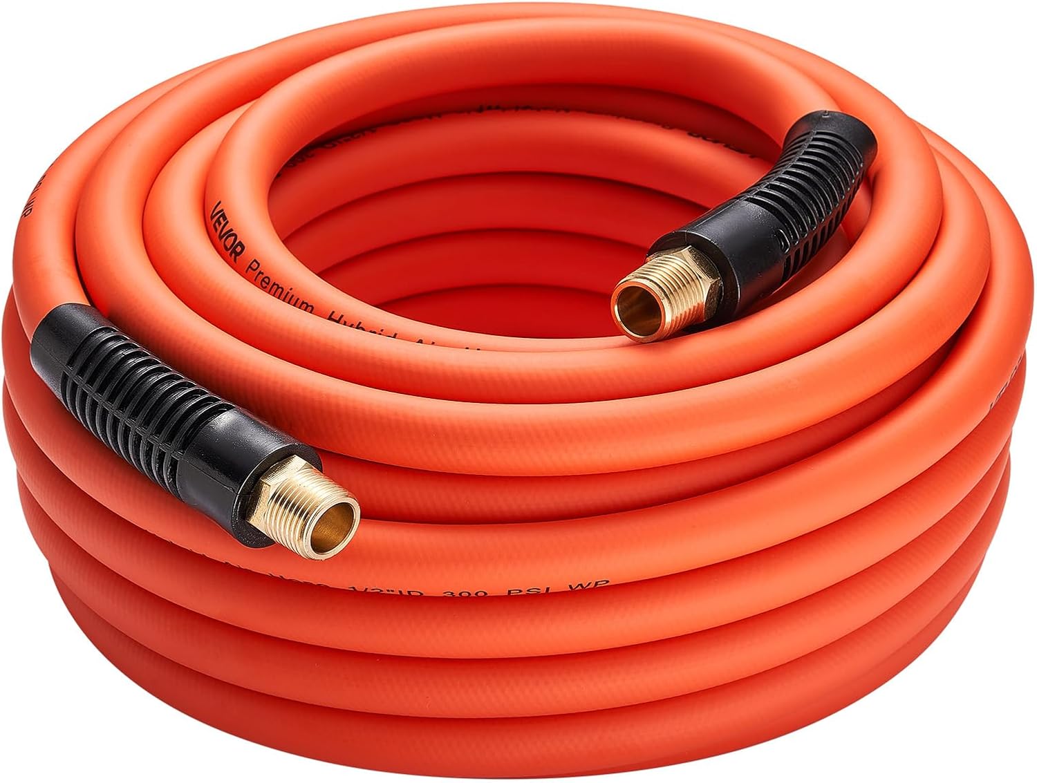 VEVOR Air Hose, 1/2" x 50FT Hybrid Air Compressor Hose, 300 PSI Kink-Resistant Pneumatic Hoses with 1/2-inch Solid MNPT Bras Fittings, Three-Layer Construction, All-Weather Flexibility