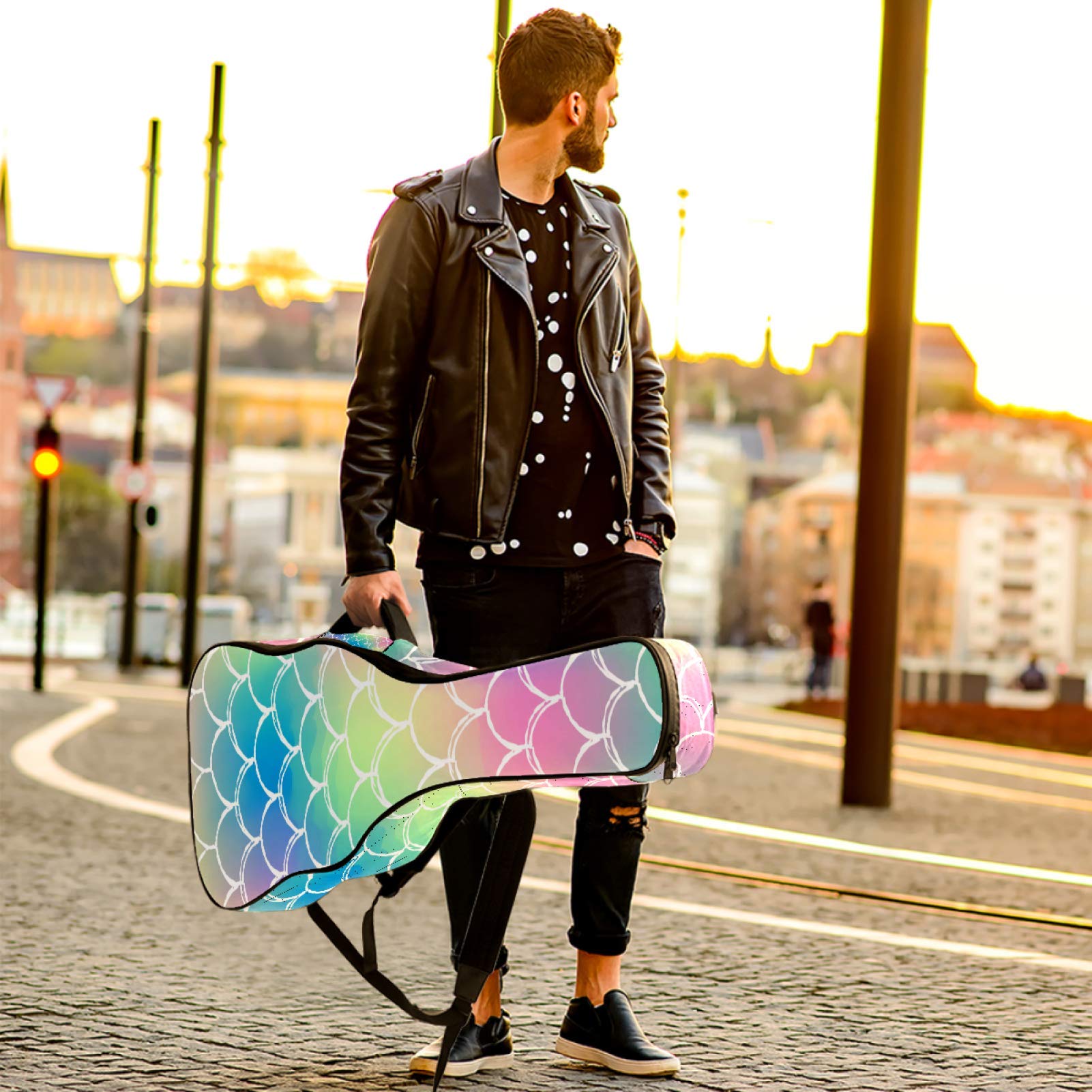 Gitarren-Gigbag, wasserdicht, Reißverschluss, weich, für Bassgitarre, Akustik- und klassische Folk-Gitarre, Meerjungfrauen-Schuppen-Muster, bunt