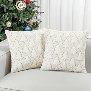 Fundas de Cojín Lujo Navidad 45x45 cm Lote de 2 Diseño Blanco Árbol y Pelo Fundas Decorativas Nórdicas de Invierno para Sofá y Salón Decoración Elegante Interior