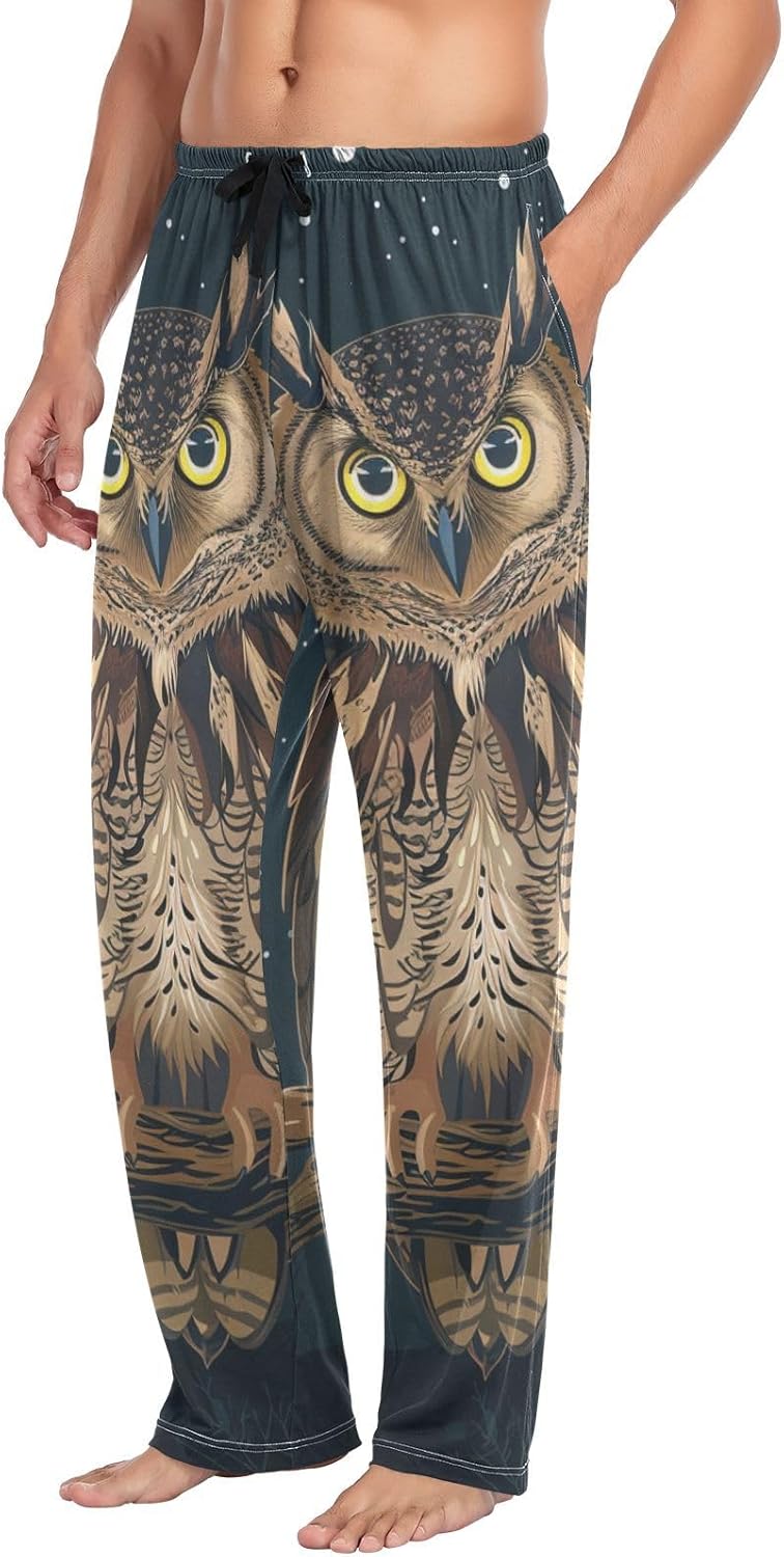 ALAZA Owl Moon Starry Sky Men's Sleepwear Mens Pajama Pants Bottoms with Pockets, S