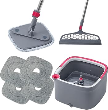 True & Tidy True Clean Mop Bucket System, Includes Square Spin, Dual Compartment Mop Bucket and 4 Thick Machine Washable Pads, Extra Squeegee Sweeper Head
